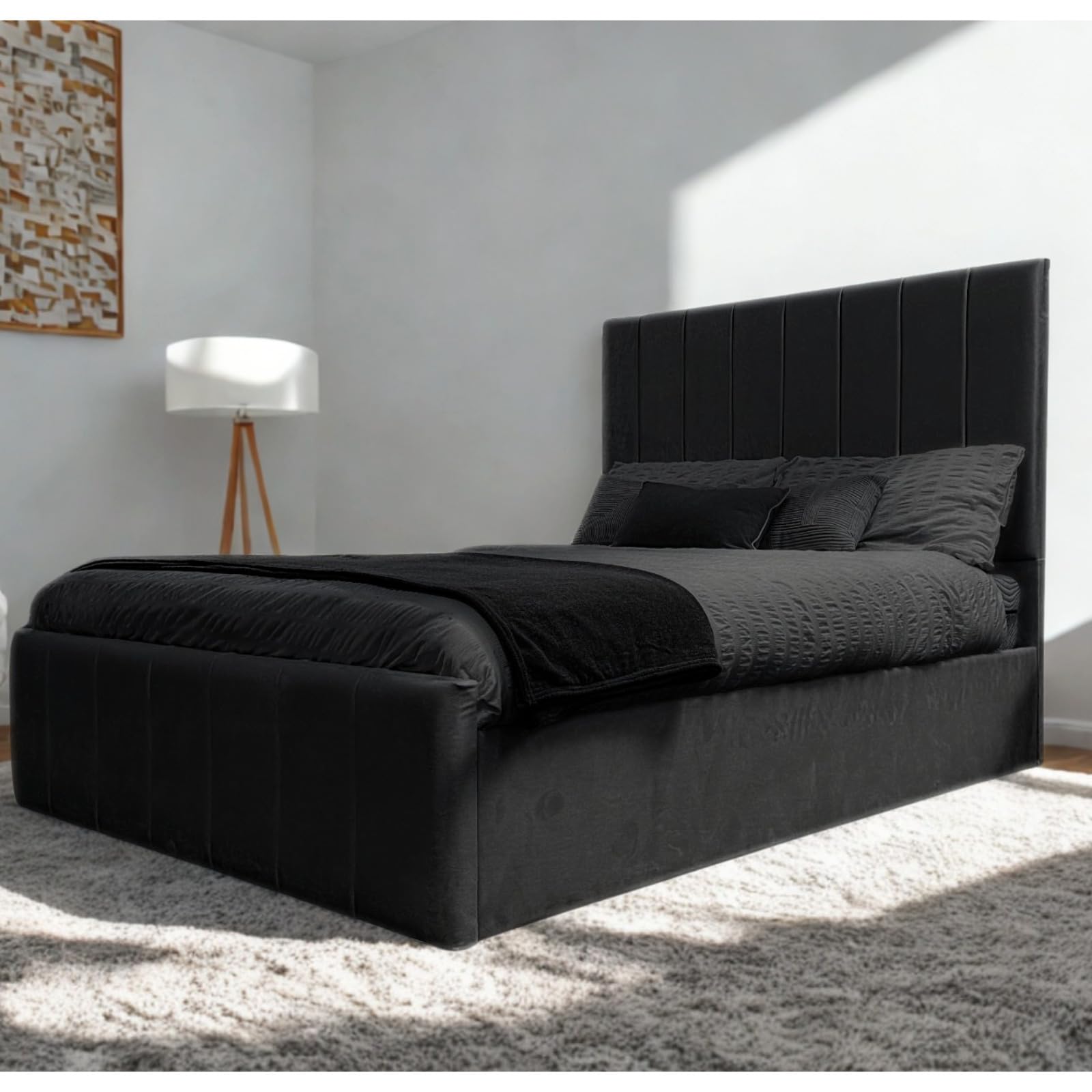 Upholstered Bed Frame with Vertical Padded Headboard, Modern Plush Velvet 4ft6 Double 5ft King Size, Black Grey Cream, Solid Pine Slats (Black, Double)