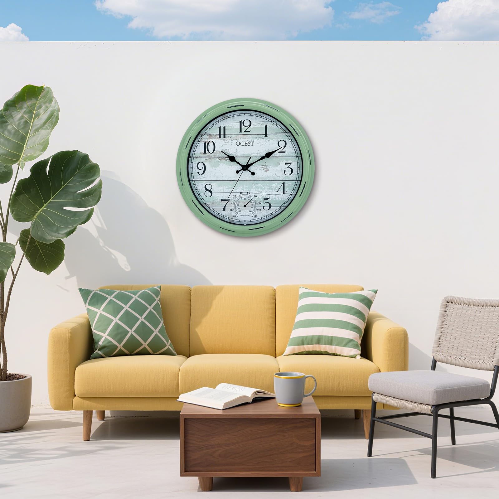OCEST Grande horloge murale étanche pour intérieur et extérieur de 40,6 cm avec thermomètre, silencieuse, sans tic-tac, fonctionne à piles, décoration pour terrasse, piscine, porche, jardin, garage