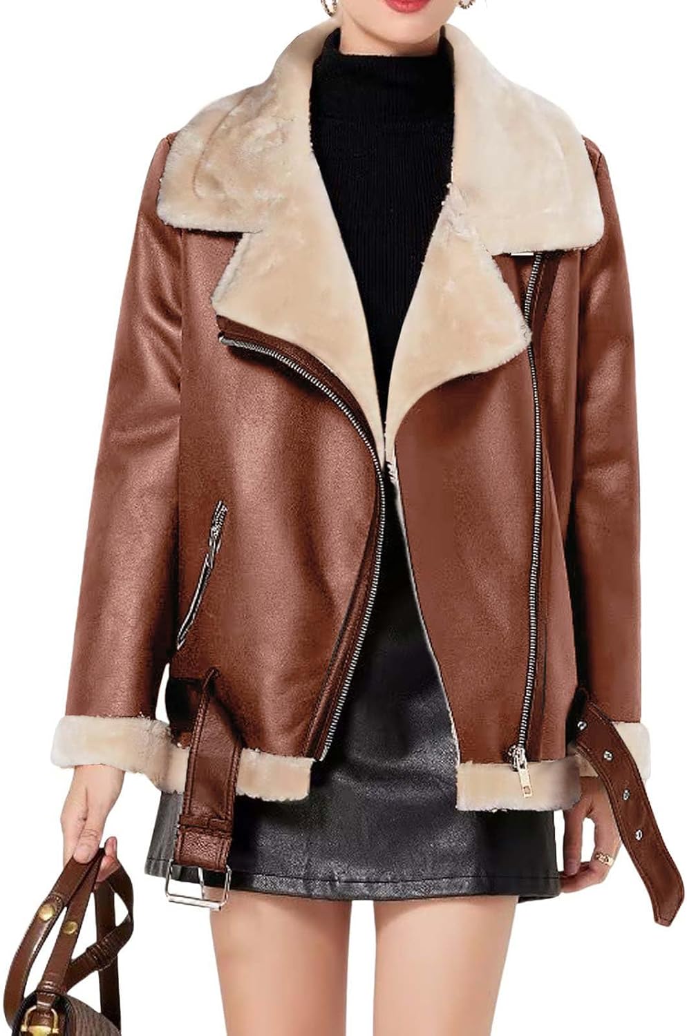 CHARTOU Women Faux Leather Jacket Fur Lined Winter Coat Warm Zip Up Notched Collar Moto Bomber Jacket