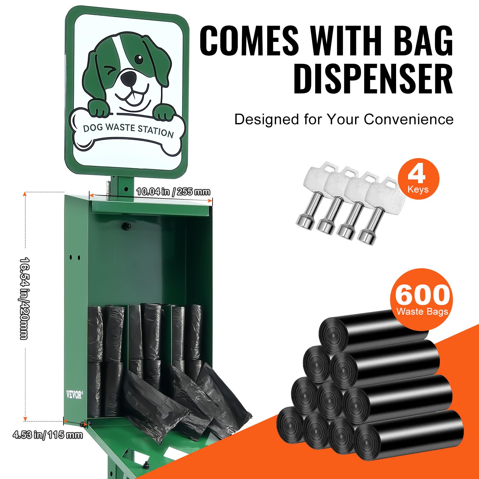 VEVOR Station Collecte Déjections Canines Commerciale, Capacité de Poubelle 43 L, avec 50 Sacs de Doublure, Distributeur de Sacs, 600 Sacs à Déchets, Élimination Crottes Canine Extérieur pour Parc