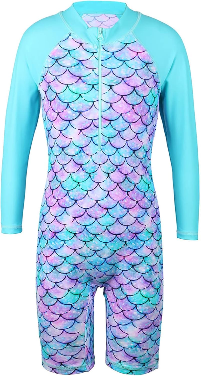 TFJH E 1PCS Long Sleeve Girls Bathing UPF 50+ Rash Guard Suits Swimsuts Zip 3-14Y