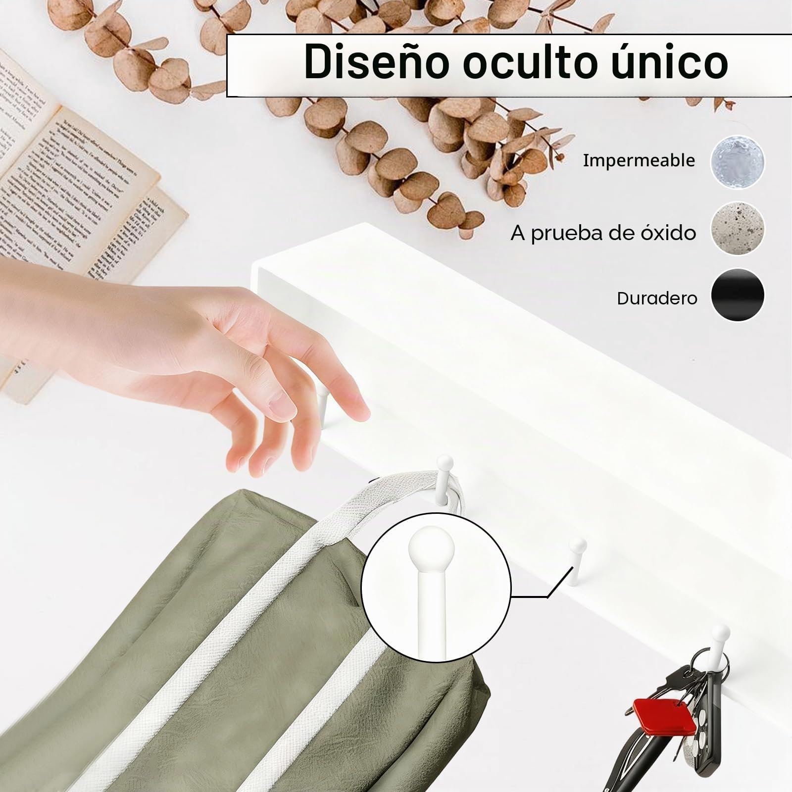 Perchero de Pared con Estante, 43,5 cm, Moderno Colgador de Pared Para Abrigos con 5 Ganchos Ocultos, Perchero Pared Blanco para Entrada, Salón y Dormitorio