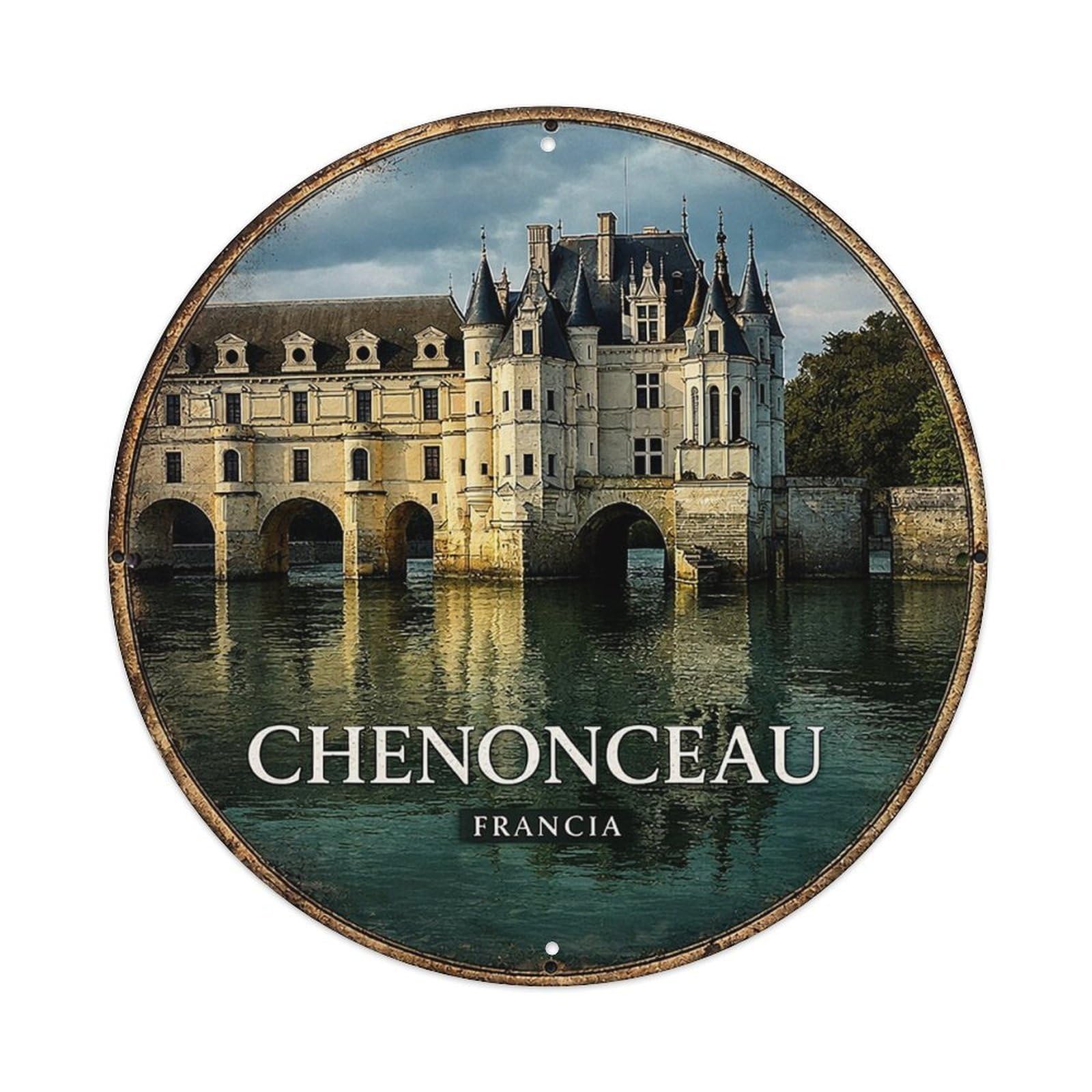 Chenonceau Francia Castle River Scene Tin Sign Metal Poster Vintage Metal Signs for Home Man Cave Bar Cafe Kitchen laundry room Wall Decorations 8x8 inches