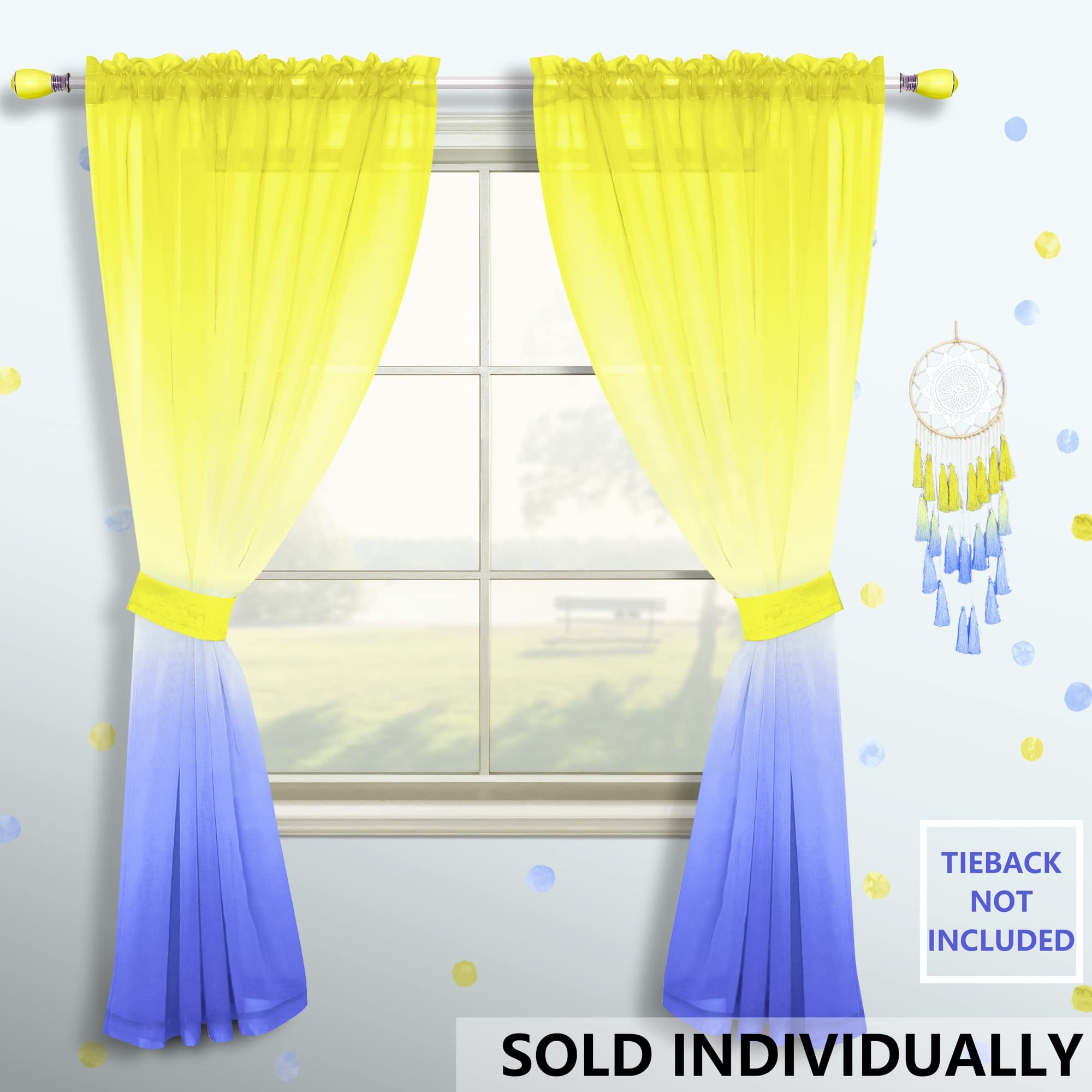 Blue and Yellow Curtains 63 Inch Length for Kitchen Decor Set of 1 Sheer Panel Pocket Coloful Cartoon Gradient Ombre Curtains for Girls Room Teen Classroom Little Kids Bedroom Boys Decorations