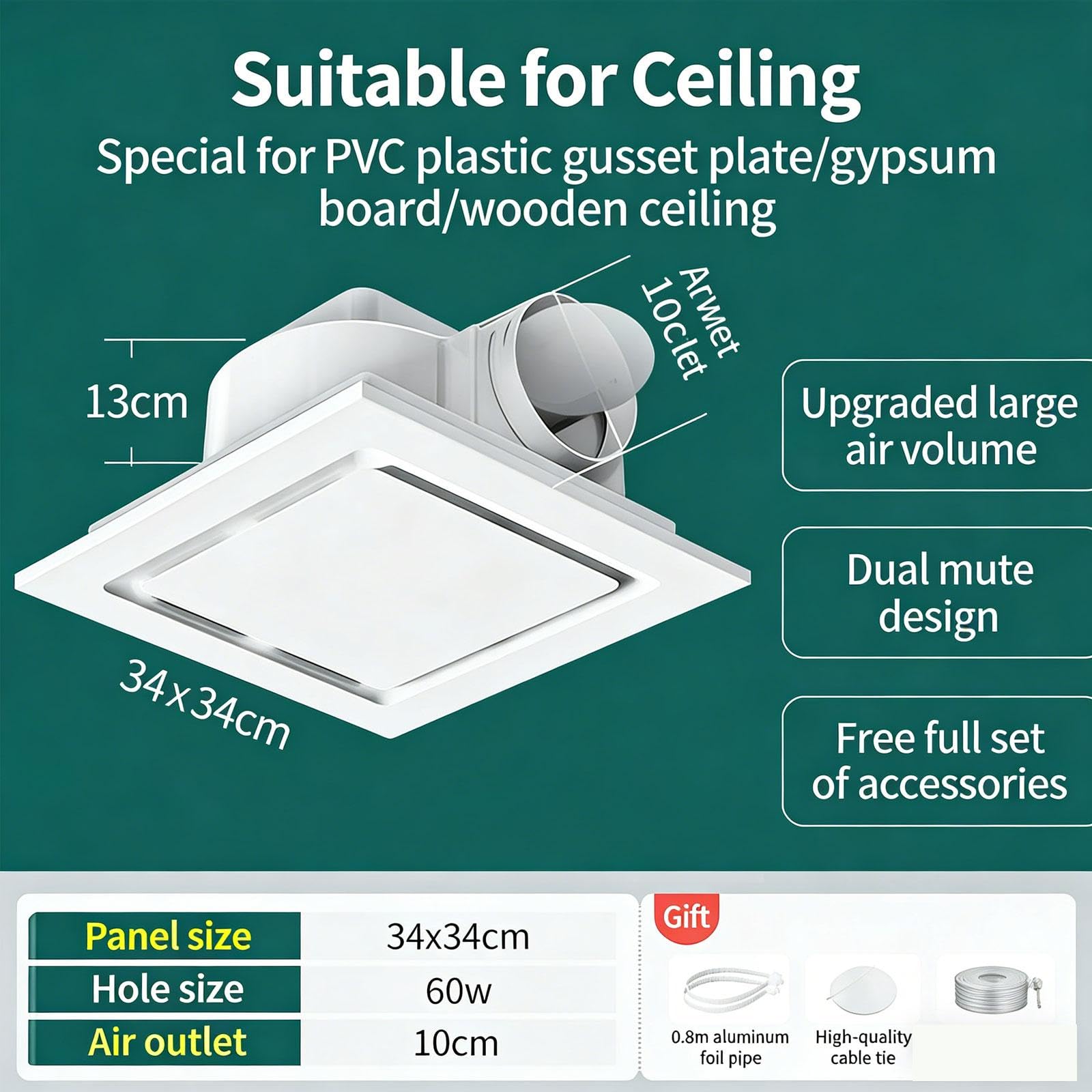 MagiDeal Extractor de para baño, silencioso, moderno y potente, para montaje en techo, ideal para lavandería, 34cmx34cm