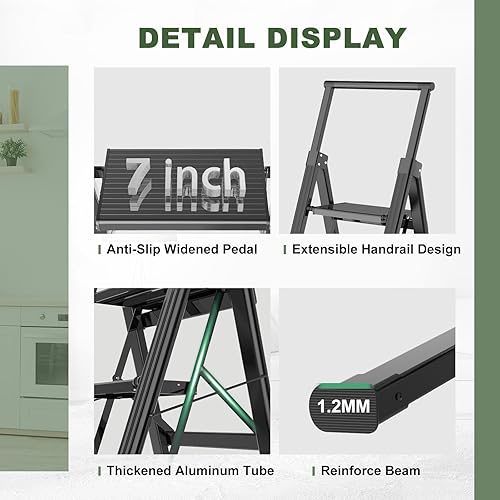 Miniatura 6 de HBTower Escalera plegable de aluminio de 5 peldaños con pedal ancho, escalera ligera portátil con asa para el hogar, cocina, color negro