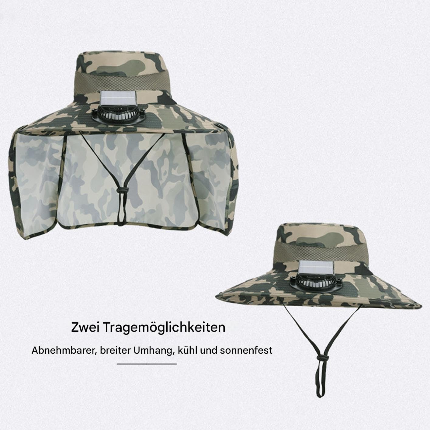 Cappello con ventole di energia solare – Berretto parasole da campeggio | Copertura ergonomica traspirante con ventilatore a energia solare rimovibile e protezione per il collo per escursioni, pesca