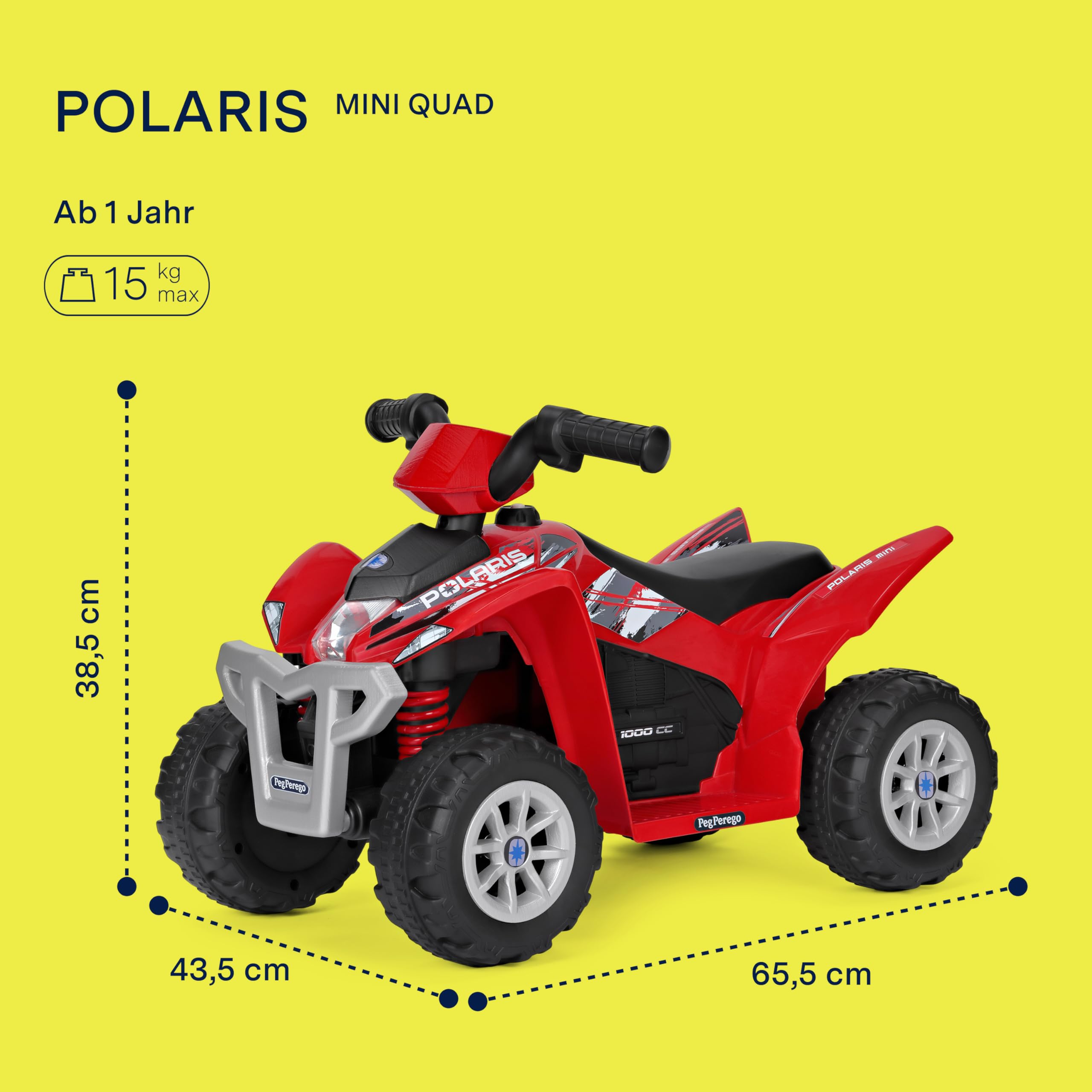 PEG Polaris Mini Quad, elektrisches Kinderfahrzeug für Kinder ab 1 Jahr bis 15 kg, 6-V-Akku, 90 Minuten Reichweite, 2,7 km/h Geschwindigkeit, Gaspedal, Licht- und Soundeffekte
