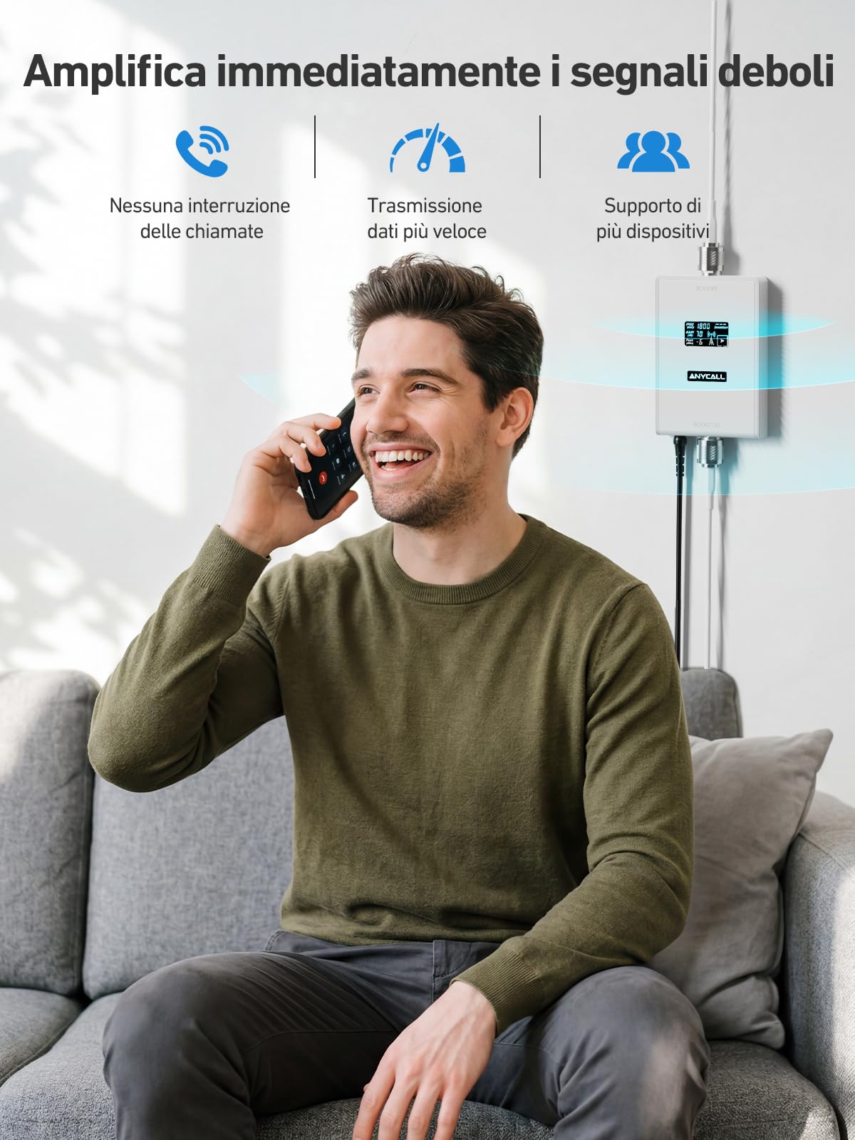 Amplificatore Segnale Cellulare per Banda 3 e 7, 4G LTE 3G GSM Ripetitore Segnale Cellulare per Casa Ufficio Cantina, Compatibile Iliad TIM Wind Tre ecc., Ricezione del segnale a 360°