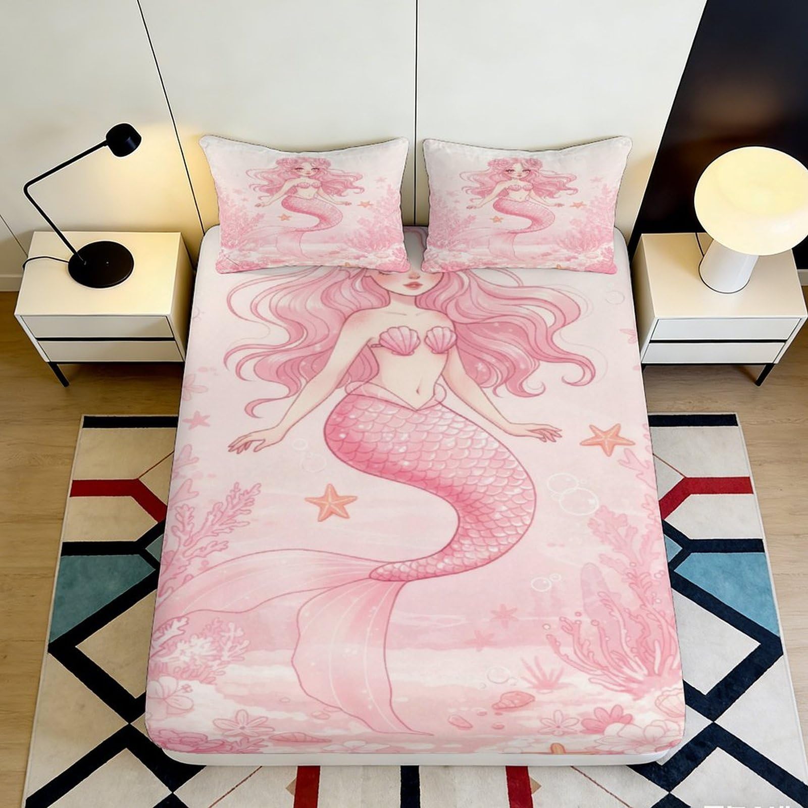 3D Printed Pink Mermaid Fitted Sheet, Microfiber Soft Touch Bed Cover, Wrinkle Resistant, Home Decor, Apartment Bedding, Easy Care, Bedroom Decoration, Dustproof, 160x200x25cm