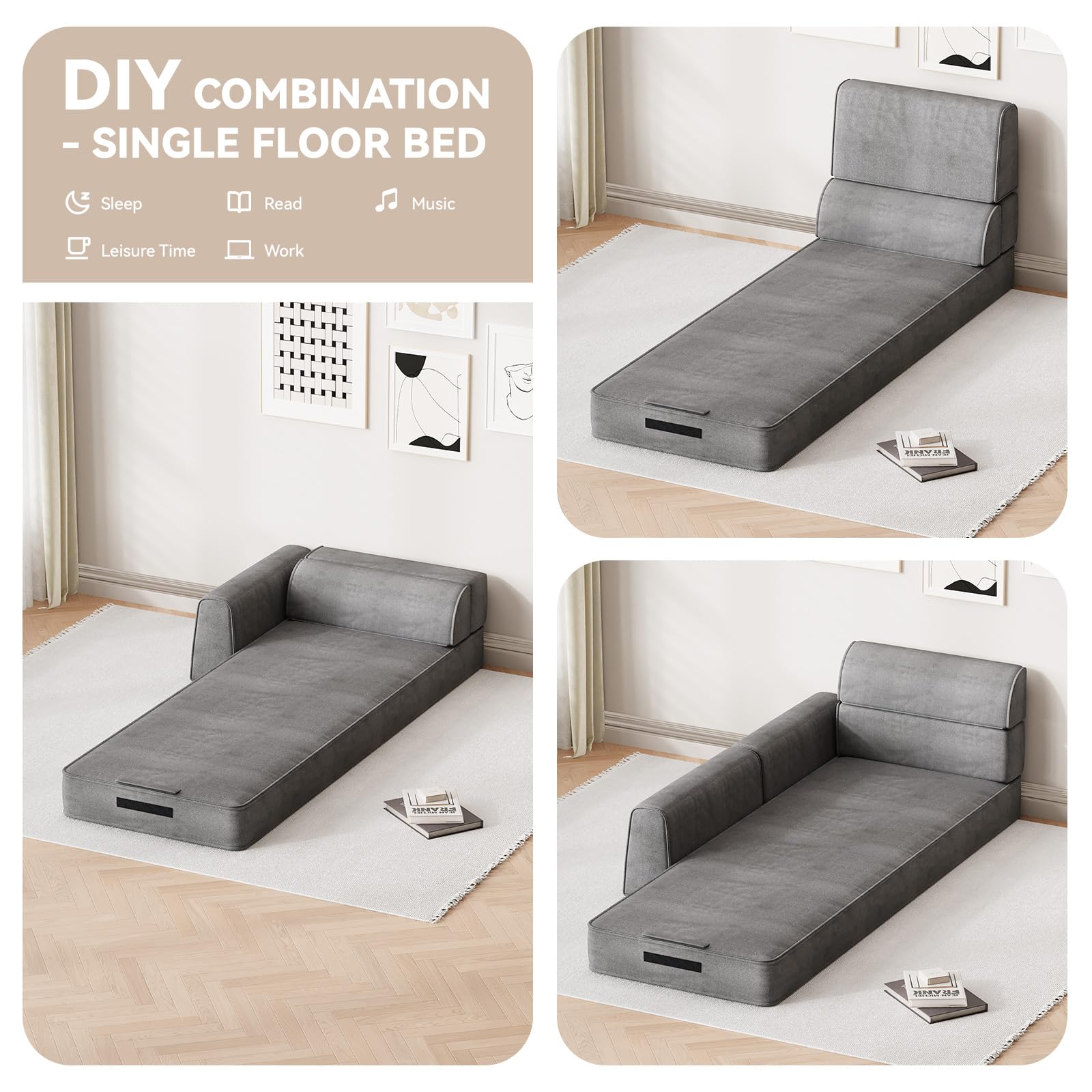 79" Convertible Sleeper Sofa Bed, Loveseat Boneless Couch, Dark Grey | Folding Floor Mattress with Removable Pillows Armrests Side Pockets, Fold Out Lounge Against The Wall for Living Room Bedroom