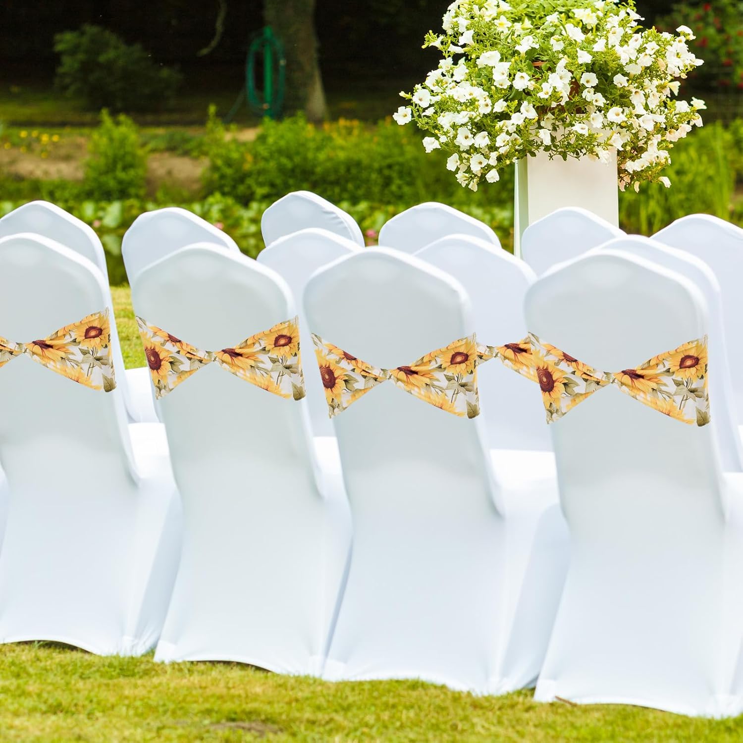 Newwiee Sunflower Spandex Chair Sashes Sunflower Print Elastic Chair Sashes Bow Polyester Chairs Cover Bands Ties Without Buckle for Birthday Party Decor
