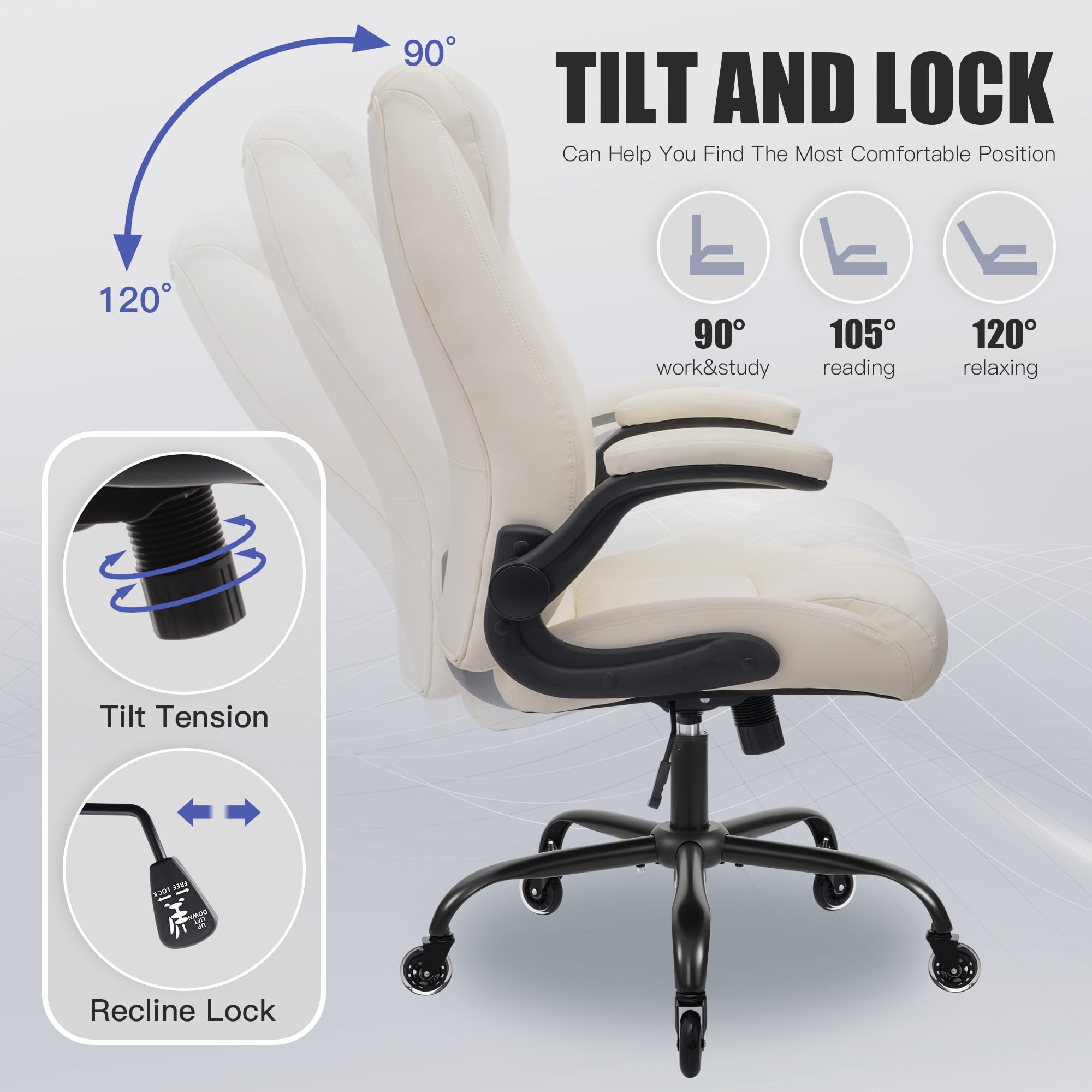 Big and Tall Office Chair for Heavy People Executive Desk Computer Chair Adjustable Flip-up Armrests for Women PU — view 8