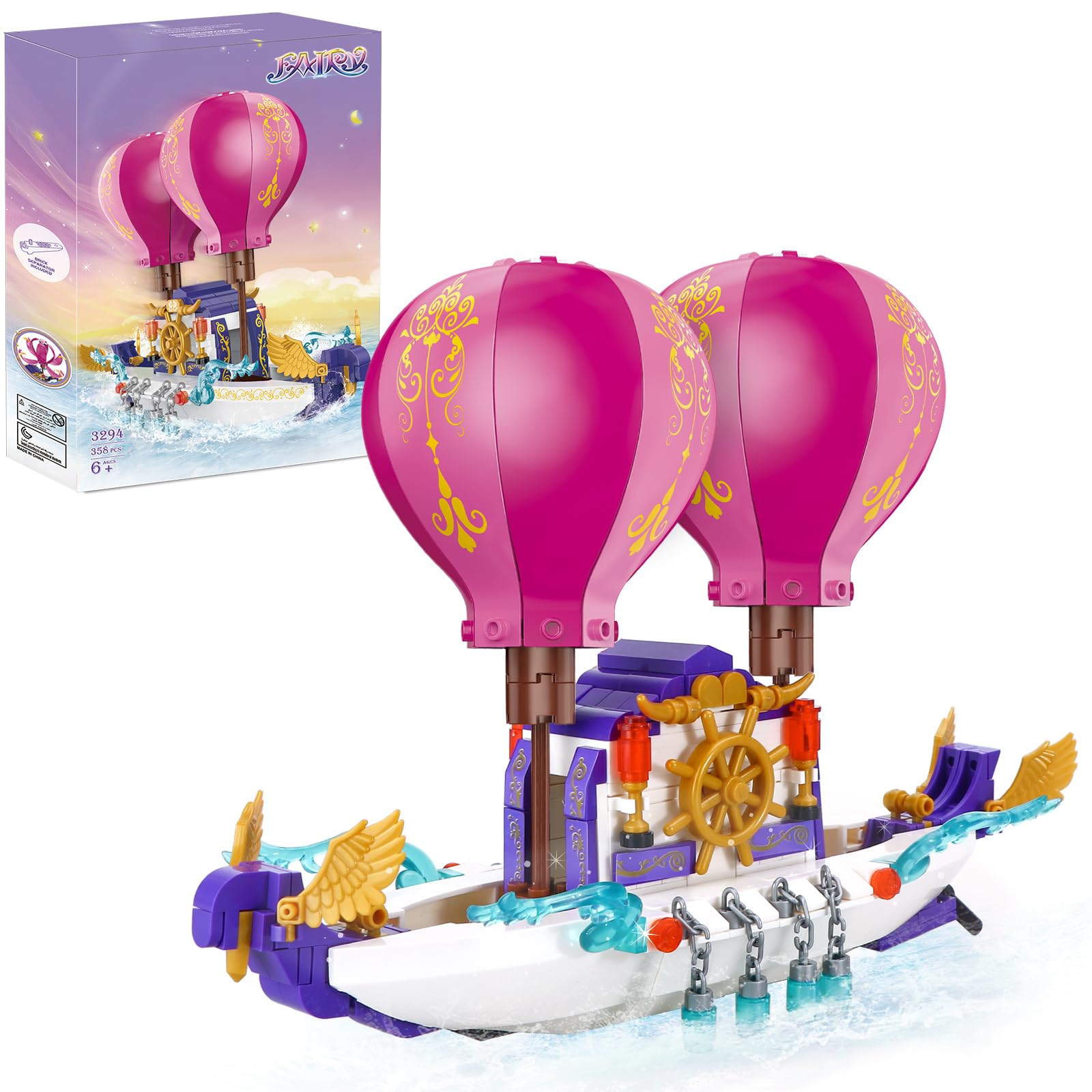 Fairy Girls Magic Cruise Ship Building Sets 358 Pieces Princess Magic Boat Model with hot air Balloon Building Kit Christmas Birthday Gift for Kids Girls Age 6-12