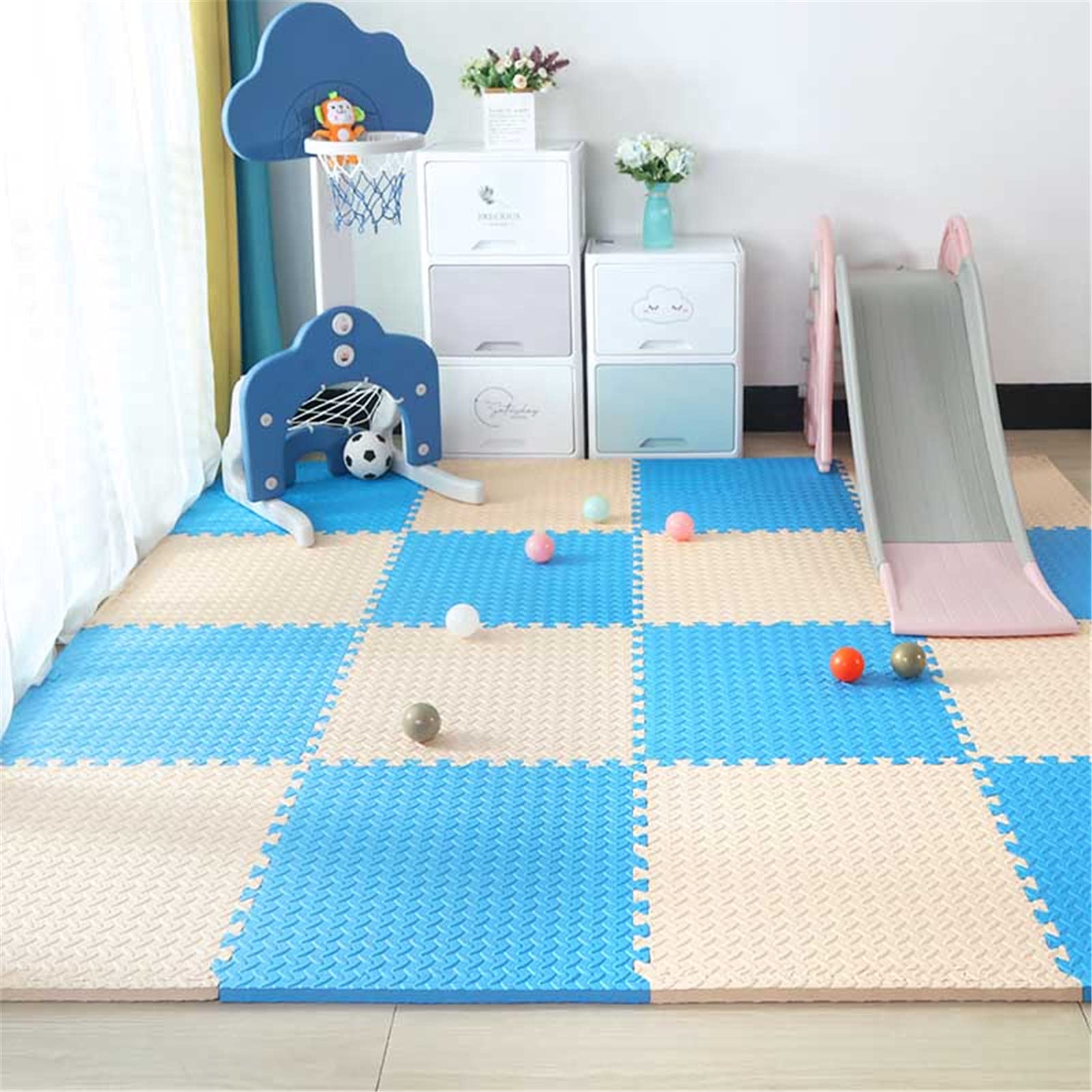 Tapete Puzzle De Espuma para Bebé, 30X30cm Alfombra De Juego para Niños Muy Resistente,Estera De Arrastre De Espuma EVA para Dormitorio Sala De Estar Balcón,Beige+Blue,30pcs
