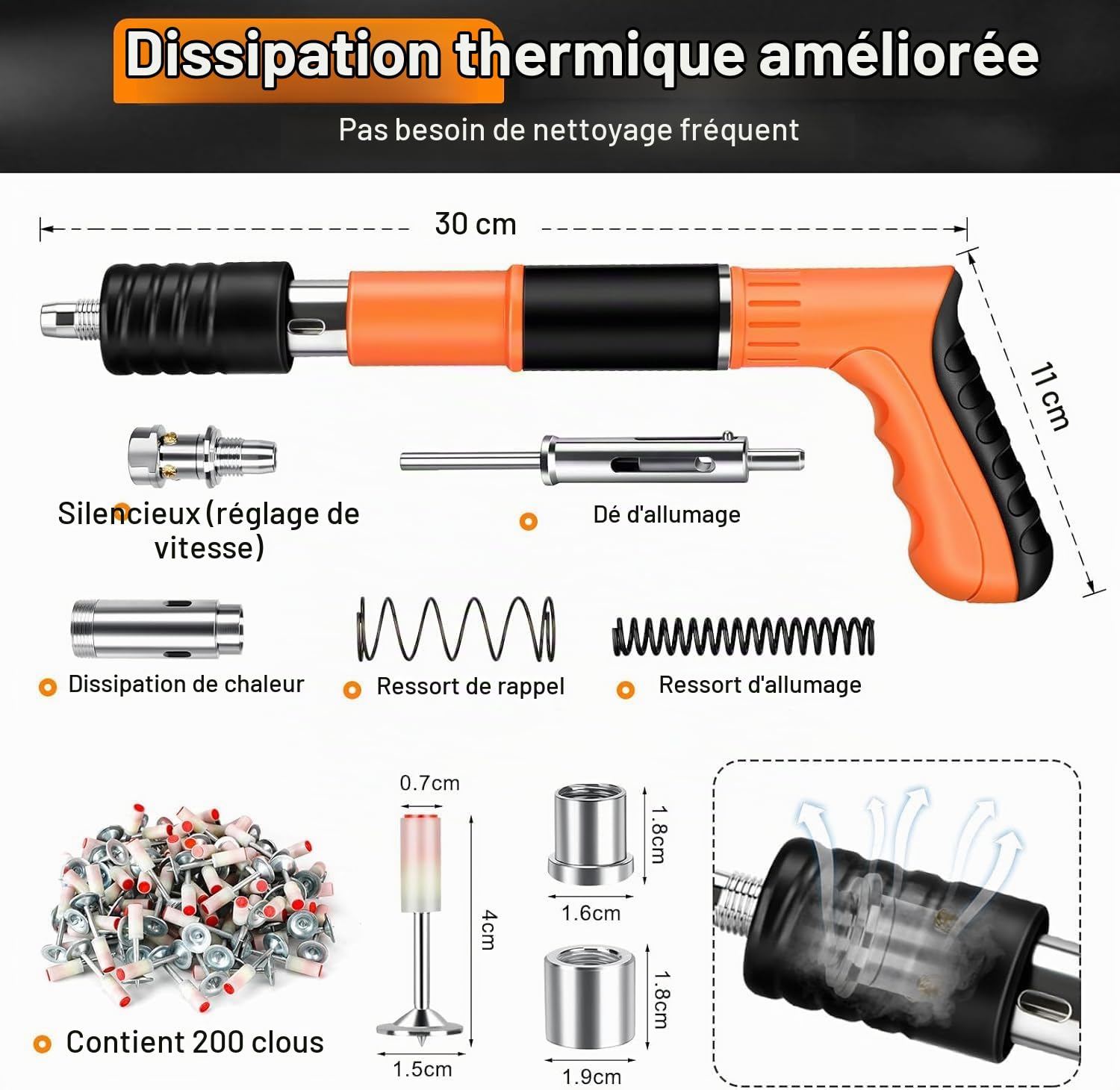 Cloueur Béton,Cloueuse Rivet Gun,Pistolet à Clous Manuel avec 5 Niveaux de Réglable,Kit pour Ongles en Béton,Pistolet à Ongles Portable avec 200 Clous Ronds,pour Murs en Béton (Orange)