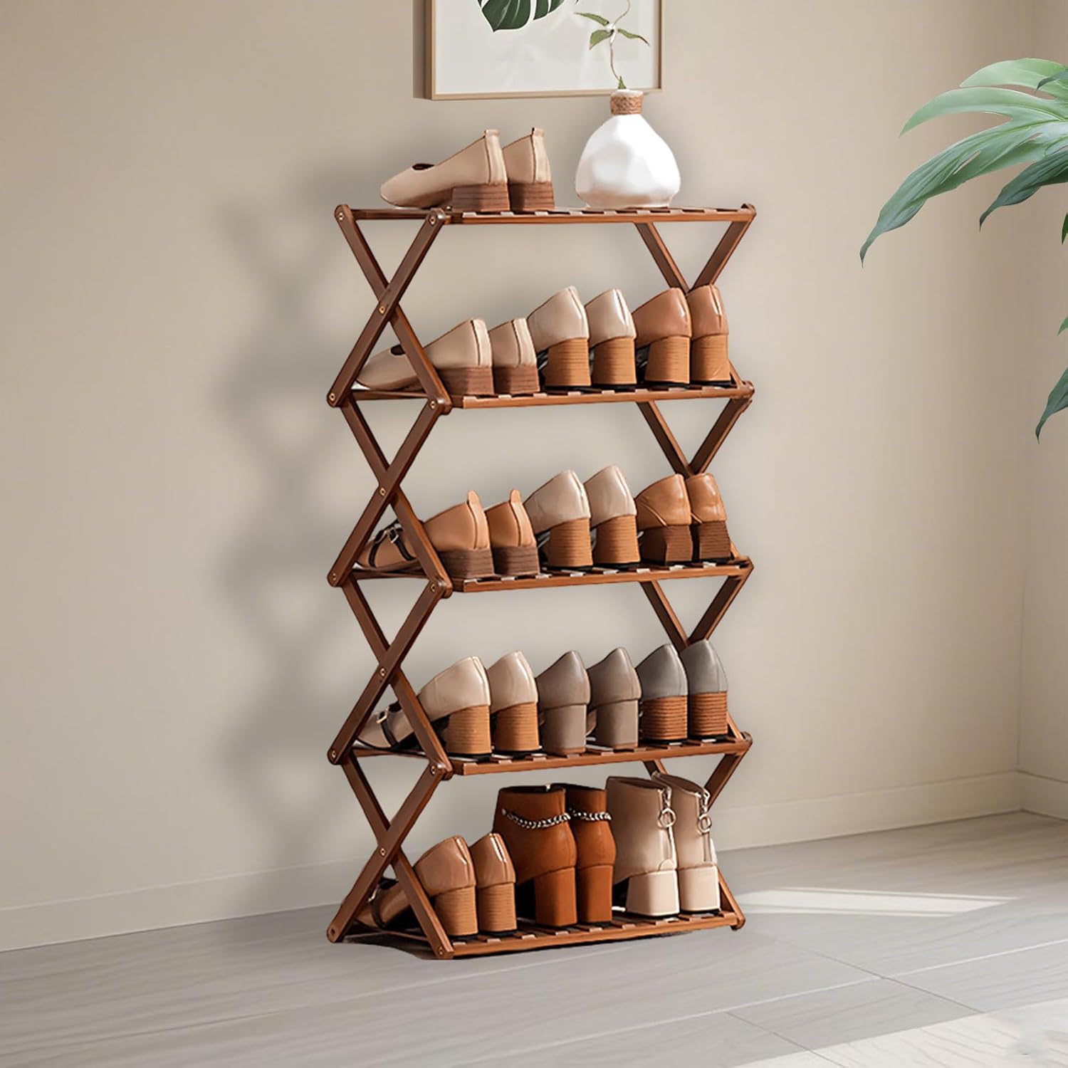 Jessie Bamboo Shoe Rack,Free Standing Shoe Rack for Closet,Portable Folding Shoe Storage Rack, Space Saving,Shoe Shelf for Bedroom Entryway Hallway Closet Living Room (Brown-5 Tier)