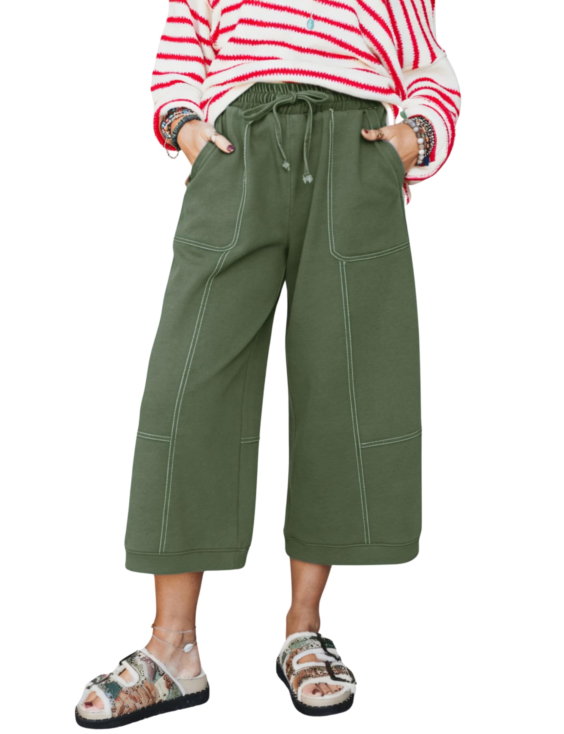 Yeokou Women Wide Leg Sweatpants Drawstring Waist Color Block Lounge Trousers Capri Pants with Pockets