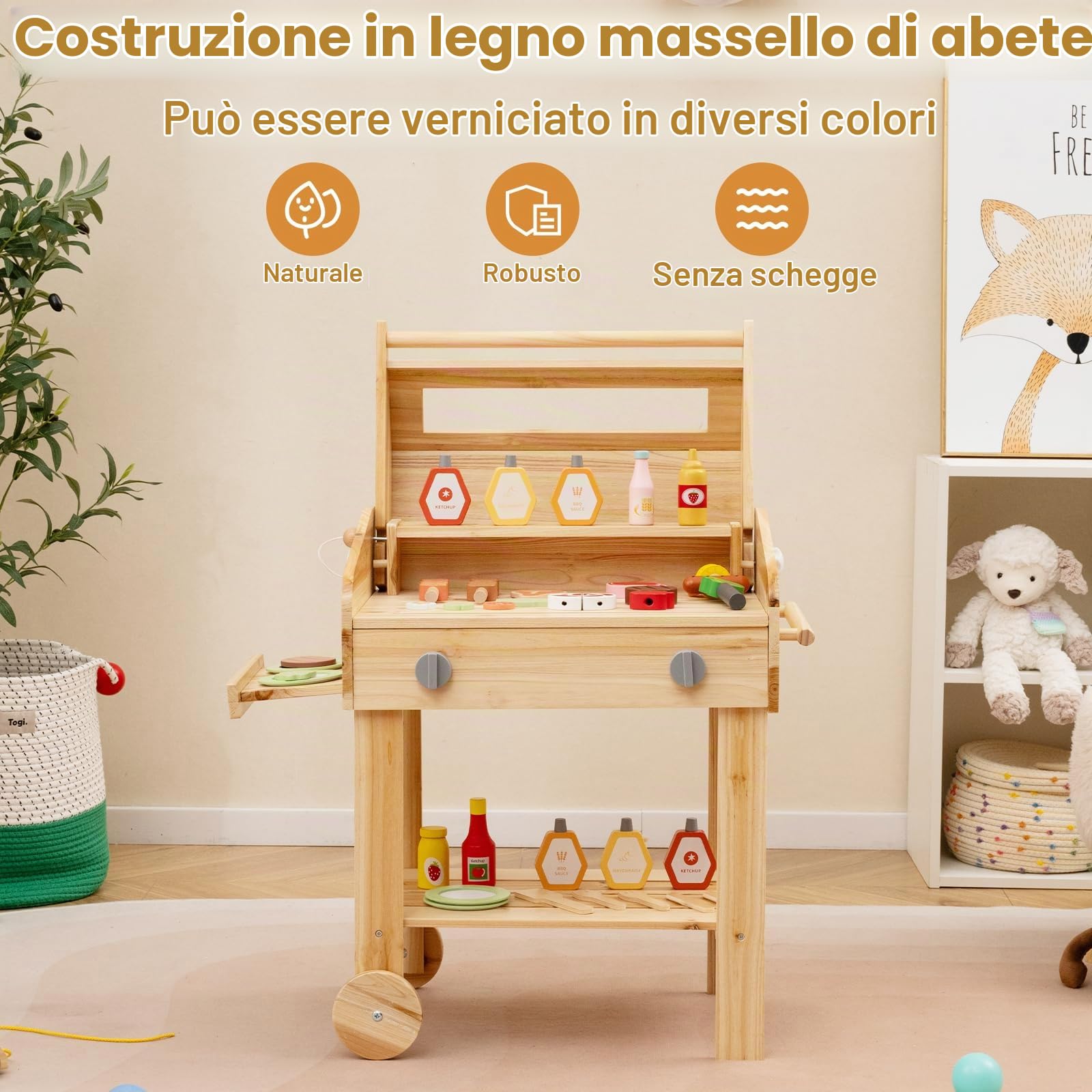 HOMASIS Barbecue Giocattolo per Bambini in Legno, Gioco Griglia Bambini con Utensili da Barbecue e Barattoli di Spezie, Cucina per Bambini dai 3 Anni in su, 53 x 36 x 63 cm, Naturale