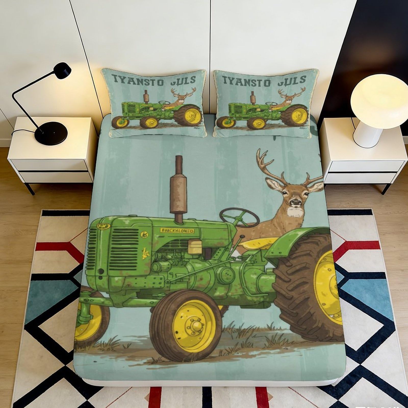 3D Printed Country Farm Tractor Deer Fitted Sheet Microfiber Deep Pocket Bedroom Bedding, Rural Style Mattress Fitted Cover, Washable for Adults Teens 90x200x25cm