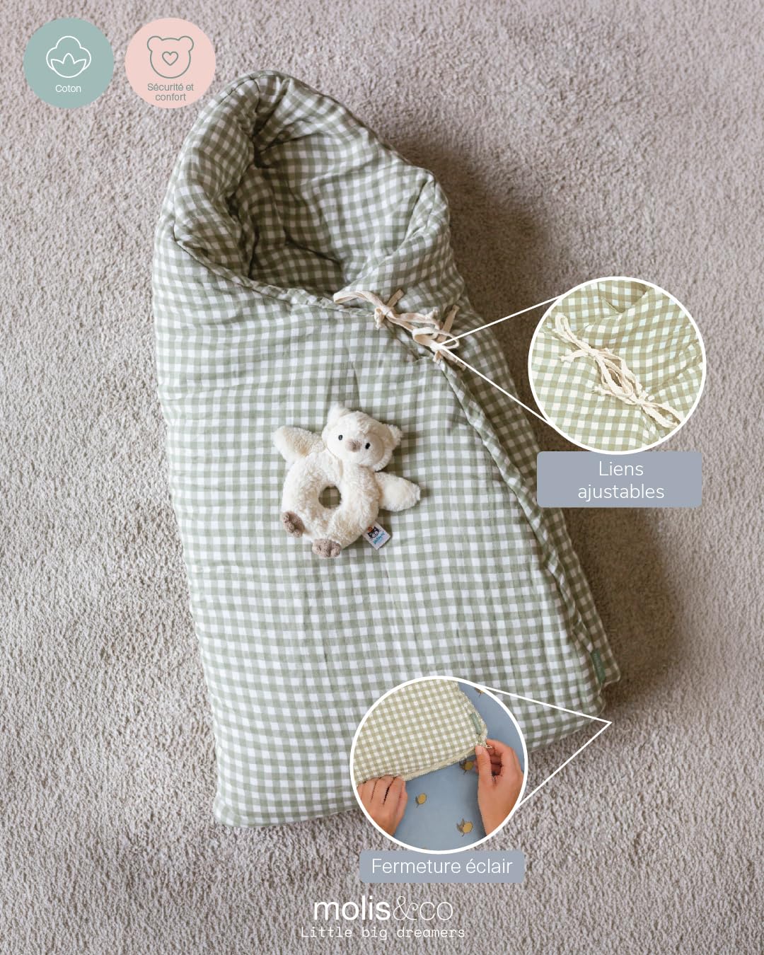 molis&co - Chancelière d'hiver pour bébé - Matériaux 100% Oeko-Tex - Coupe-Vent - pour Poussette d'hiver (TOG 6.5) - Convient pour Toutes Les poussettes - Mint Tea