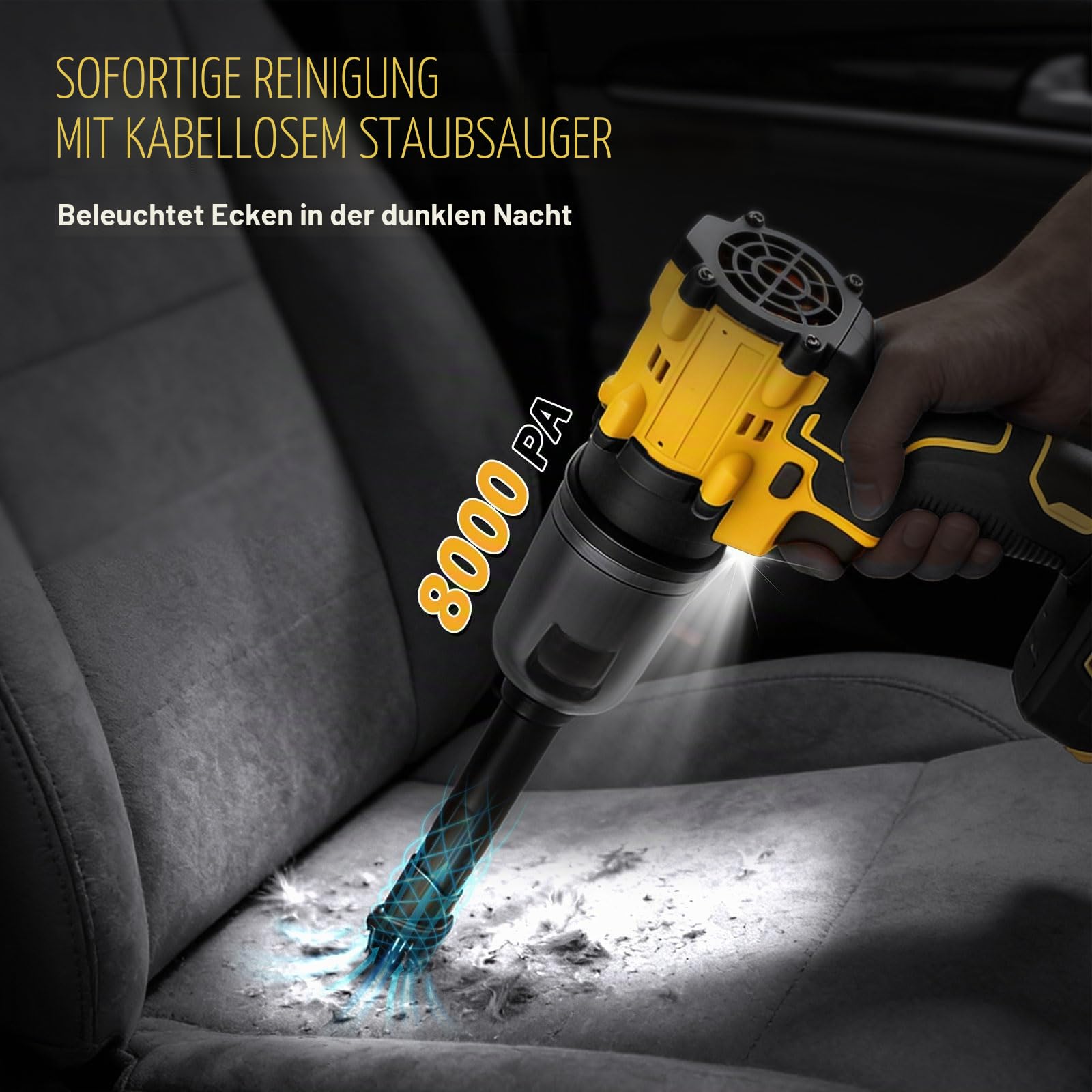 Kabelloser Staubsauger-Bläser für Dewalt 18/20V, 2 in 1 Handstaubsauger bürstenloser Laubbläser 85000 U/min mit einstellbarer Geschwindigkeit und 5 Düsen für Auto, Haus, Büro, Küche (kein Akku) (Gelb