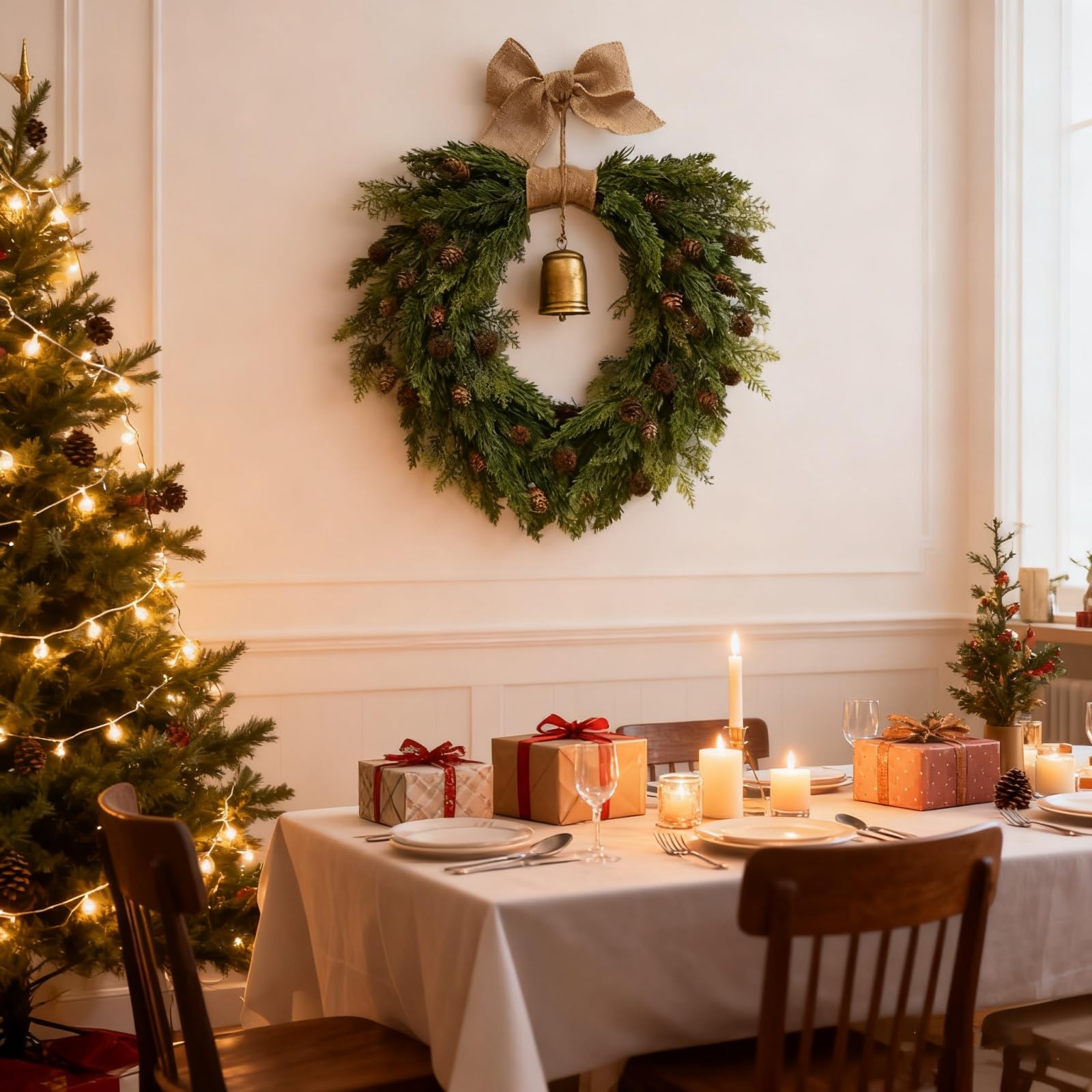 45 cm Weihnachtskranz Bauernhaus, Weihnachtsdeko Kranz Haustür, Künstlicher Weihnachtskranz mit Tannenzweigen und Glöckchen, Geeignet für Türen, Wände und Festliche Dekorationen