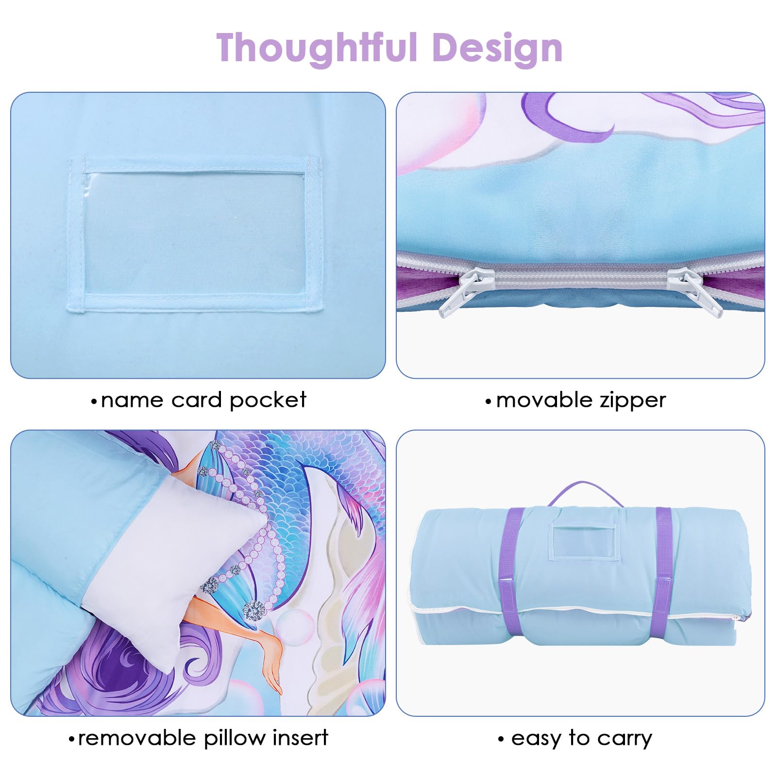 Nap Mat Caldo per Bambini con Rimovibile Cuscino, Grande Sacco a Pelo Pieghevole per Ragazze Ragazzi, Nap Mats con Doppia Cerniera per Campeggio, Scuola Materna e Asilo, 150×60cm