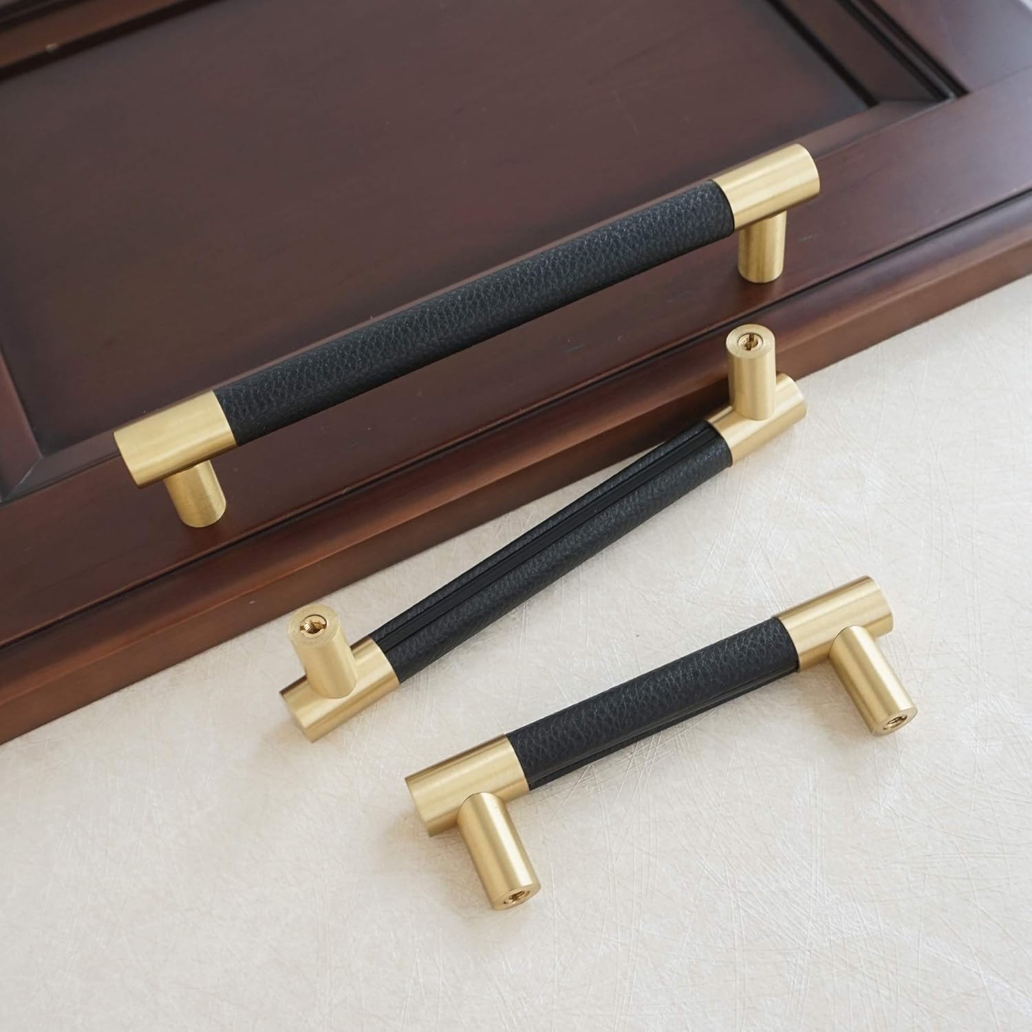 MFYS Black Leather Drawer Pulls for Dresser Knob Gold Handle for Cabinet Pulls Brushed Brass Cupboard Knob (1, 7 9/16" Hole to Hole)