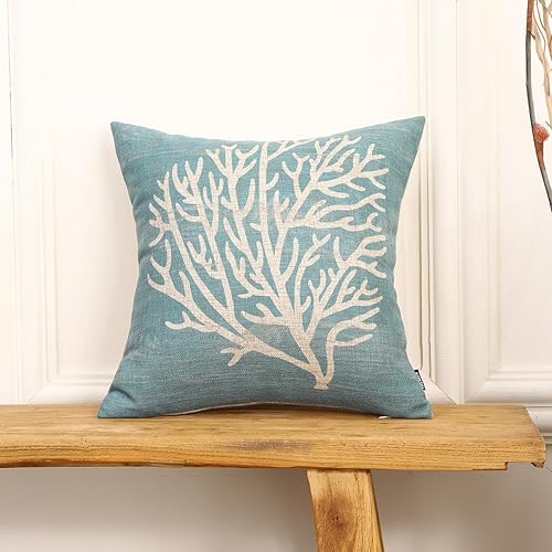 Miniatura 2 de TRENDIN Funda de almohada de sofá coral de 18 x 18 pulgadas, decoración marina marina cuadrada, funda de cojín de lino para sofá, decoración del