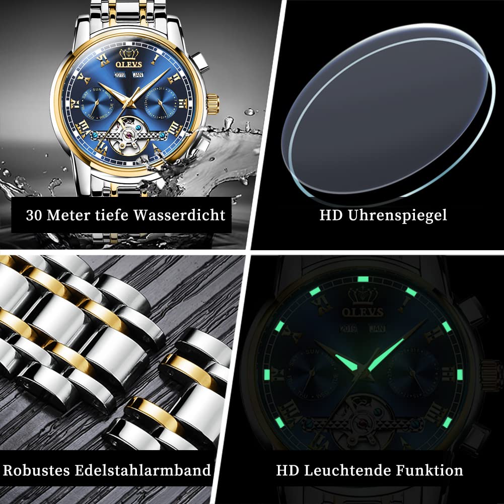 OLEVS Herrenuhren mit Datum Kalender Geschäft Quarz Armbanduhr Analog Edelstahl Wasserdicht Leuchtend Zwei-Farbig Casual Armbanduhr
