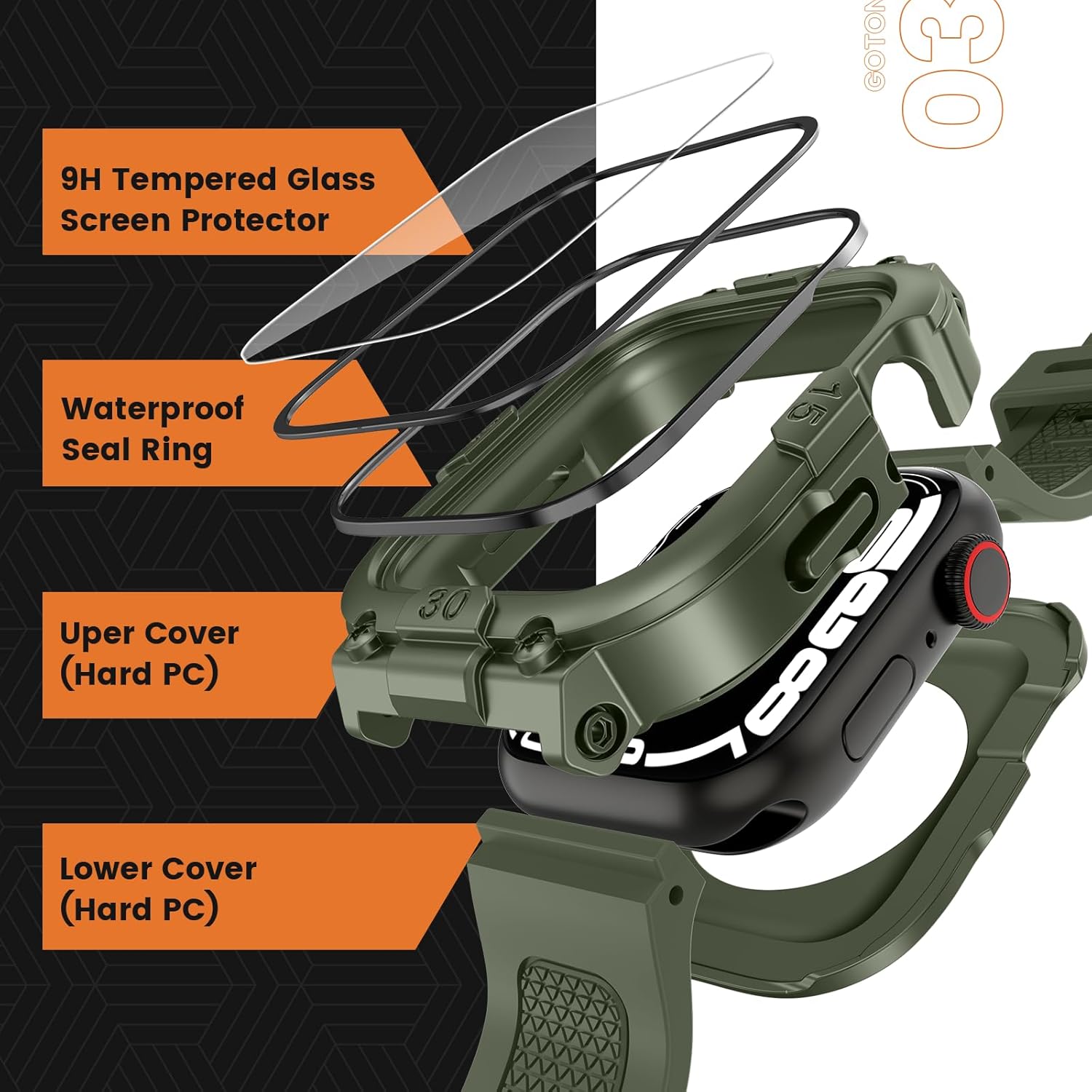 Goton 3 in 1 Waterproof Case and Band with Tempered Glass Screen Protector for Apple Watch Series 9 8 7 6 5 4 SE Ultra 44mm 40mm 45mm 41mm 49mm, Bumper Cover for iWatch Accessories, 44mm