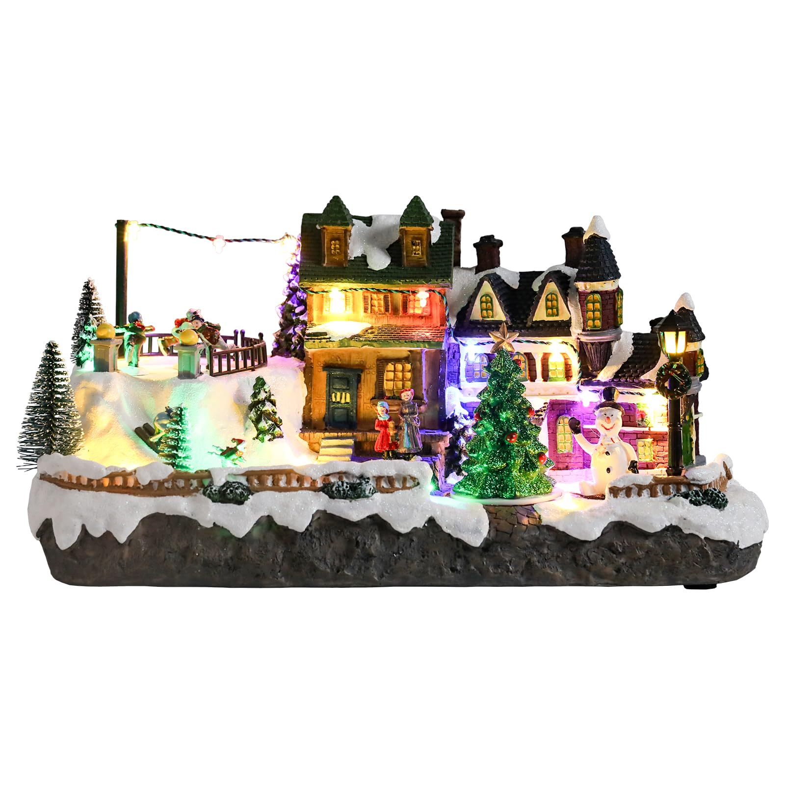 vipush christmas village house decorations resin village in winter home decor indoor building figurines revolving train with led light and 8 christmas music for kids