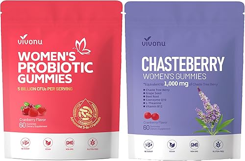 VivoNu Probióticos para mujer + gomitas Vitex pH y equilibrio hormonal, olor, levadura y calambres menstruales con arándano, casteberry, CoQ10,