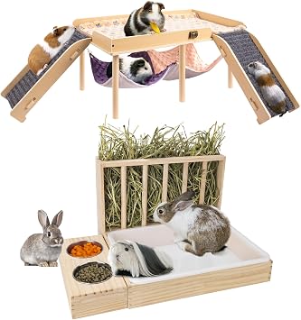 BESNEW 3 in 1 Rabbit Hay Feeder with Litter Box & Enlarged Guinea Pig Hammock with Platform and Stairs,Wooden Small Animal Hideout for Guinea Pigs Bunny Ferret Hamster