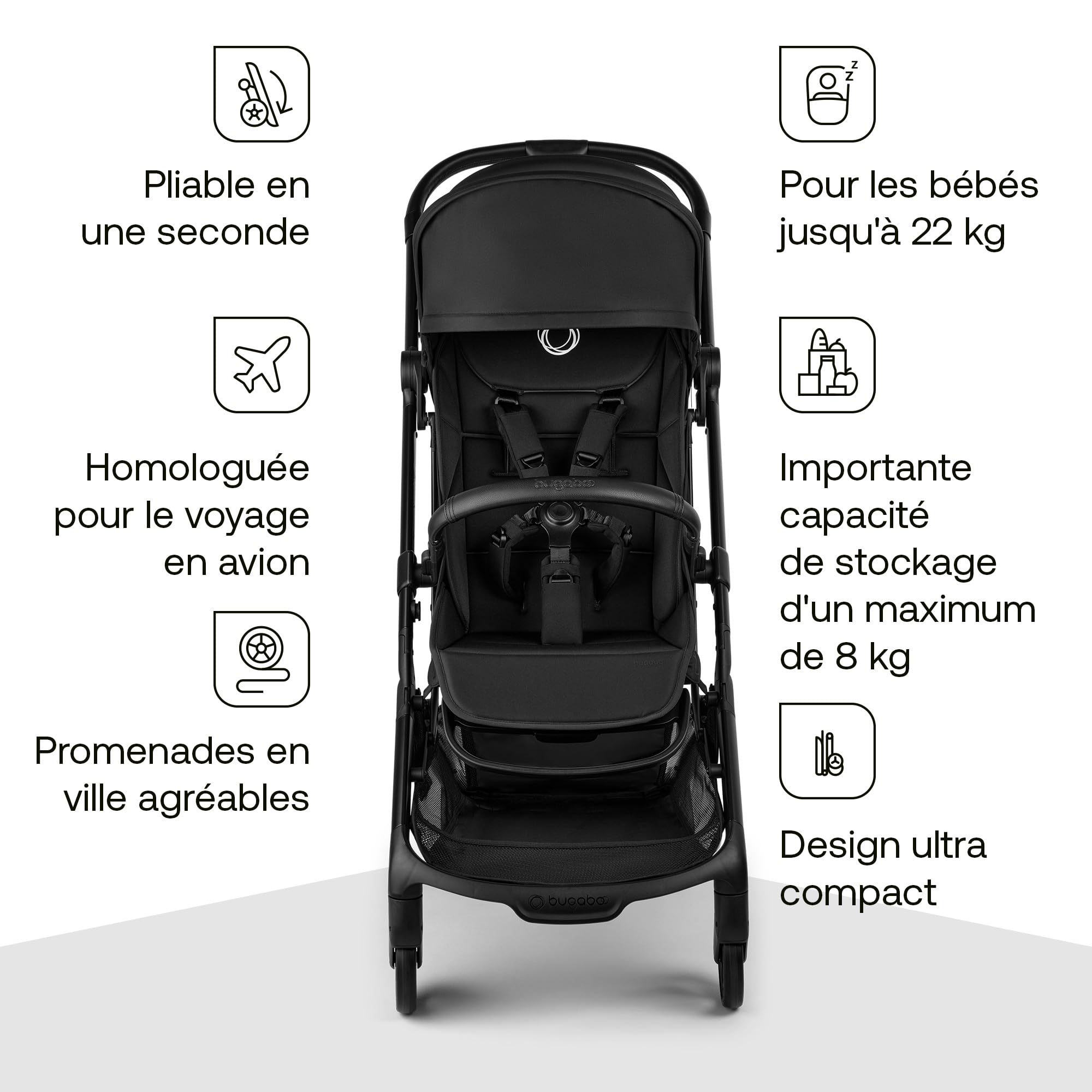 Bugaboo Butterfly 2 Poussette de voyage – Systèmes modulaires avec poignée et housse de pluie – Léger, pliable avec une main, assise inclinable, de 6 mois à 4 ans – Heritage Black