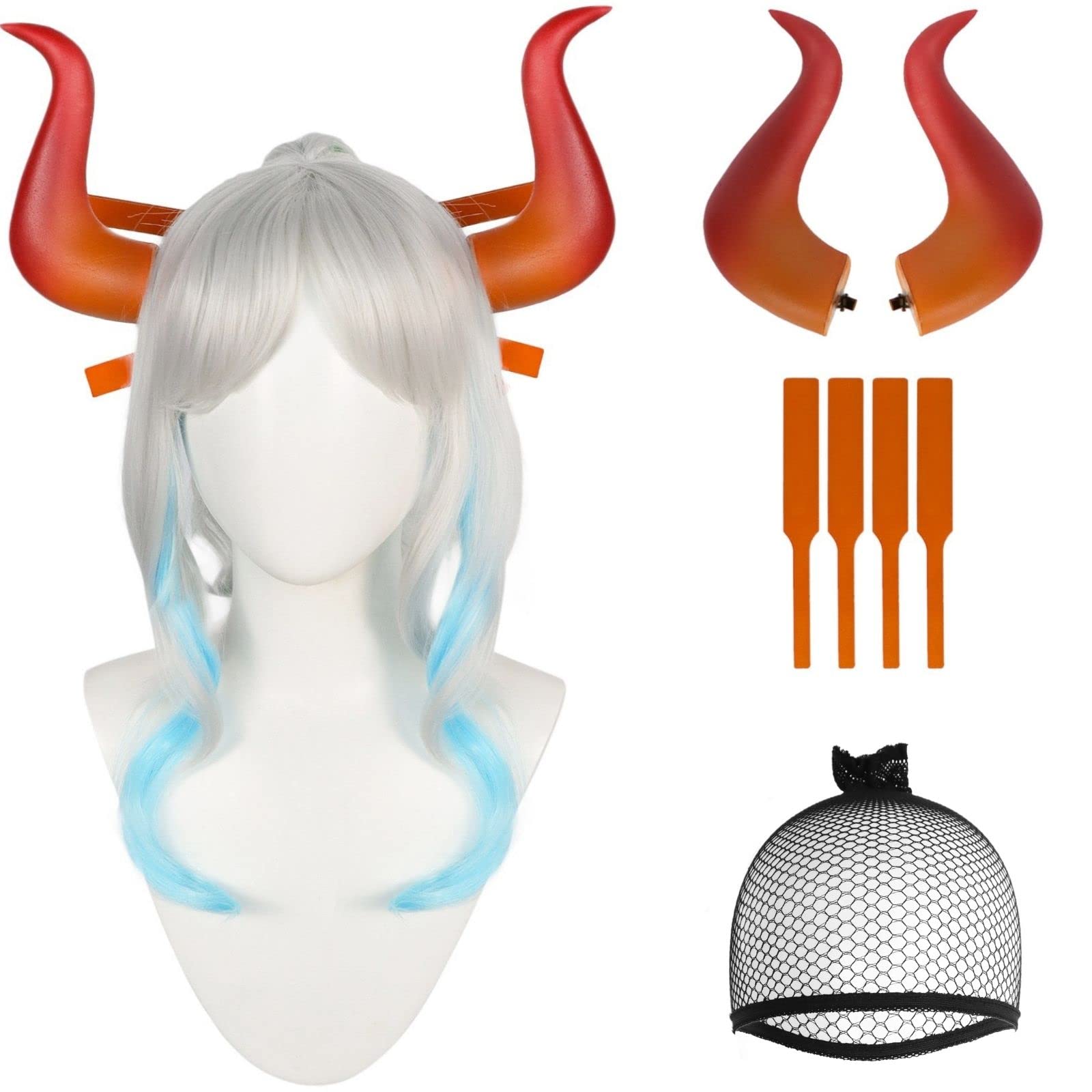 IMEYLE4Pcs Set Long Wavy Cosplay Wig Women + Horns+ Sticks Silver White Blue Green Ombre Wig Long Ponytail Wigs with Bangs Adult Wavy Synthetic Wigs for Anime Halloween Costume Party + Hair Cap