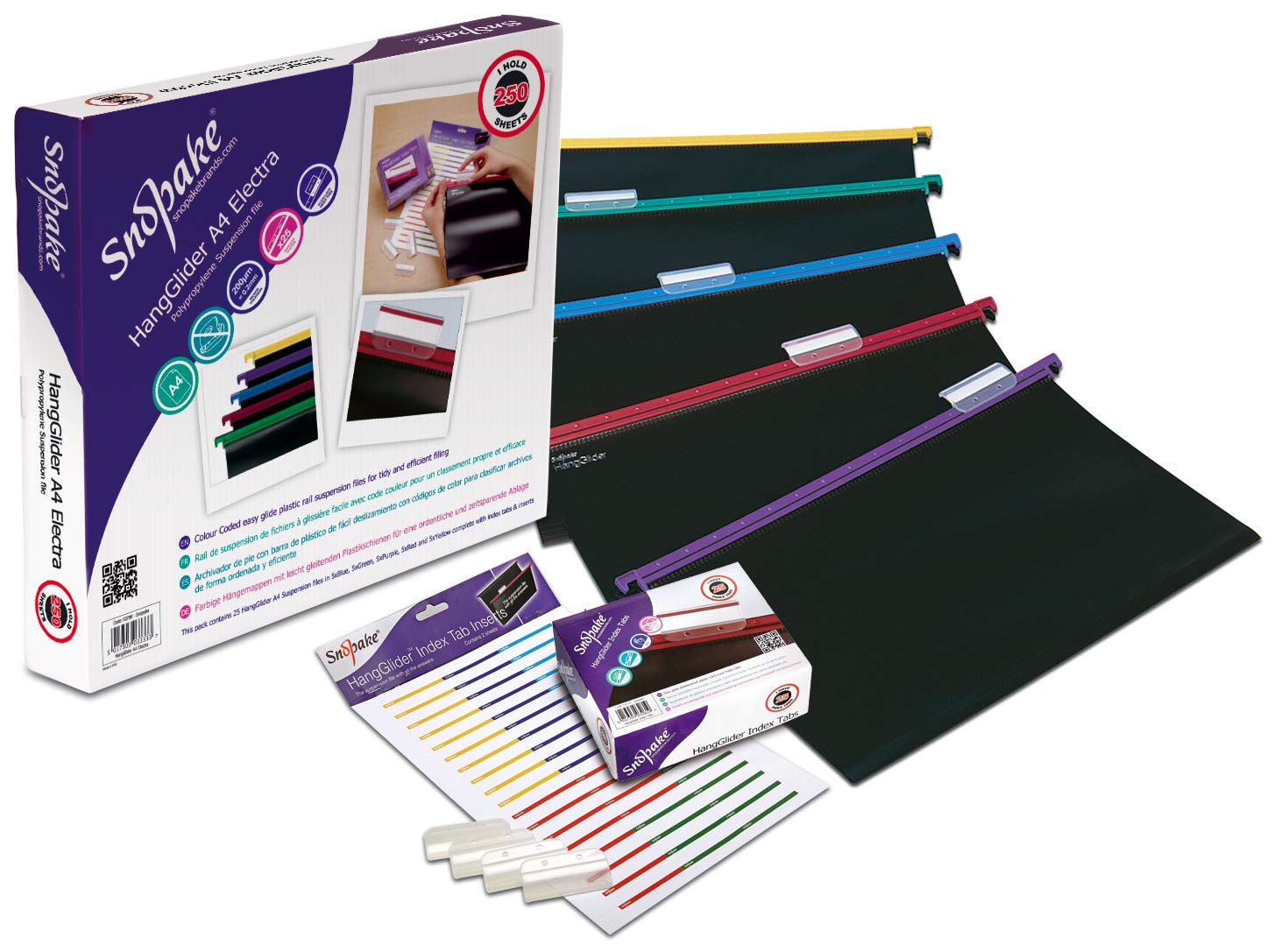 Snopake A4 HangGlider Polypropylene Suspension File with Index Tabs and Inserts [Pack of 25] Black/Assorted Rails [Ref: 10296]
