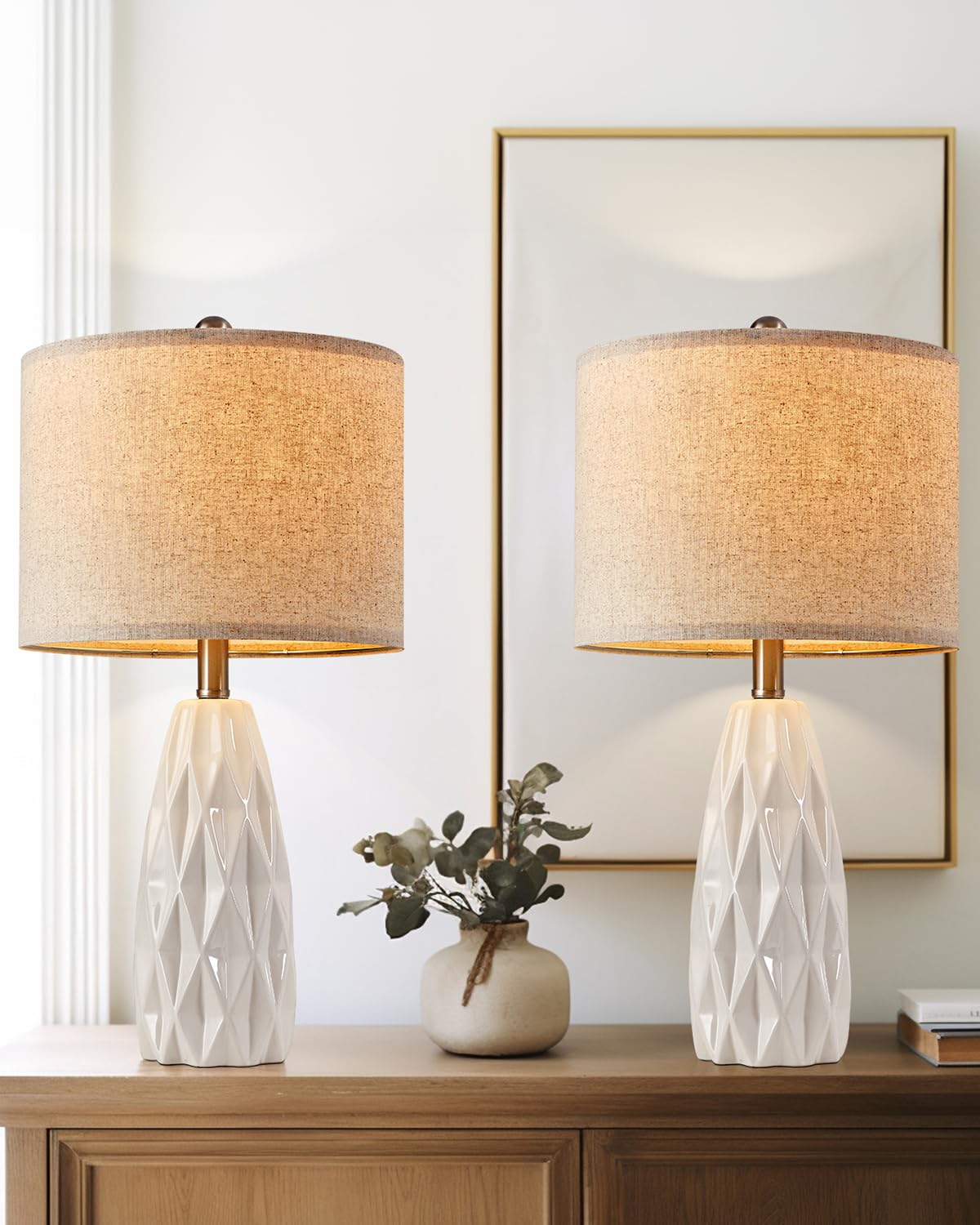 23" Modern Ceramic Small Table lamp Set of 2 White Embossed Geometric Pattern Bedside lamp Tall Nightstand Lamp End Table Lamps for Living Room Bedroom