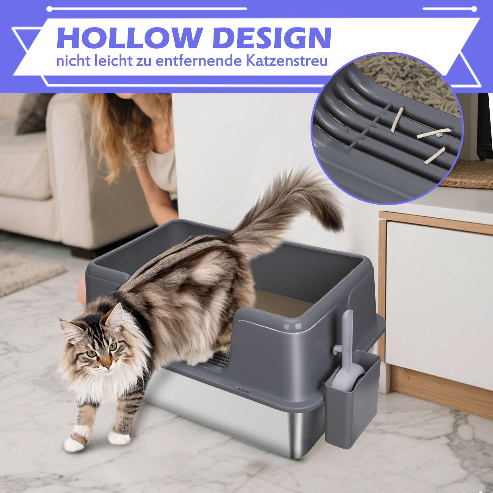Bac à Litière en Acier Inoxydable, Masthome Grande Capacité, Anti-Renversement et Étanche, Litière Semi-fermée pour Chat avec Pelle et Tapis Inclus Design Moderne et Facile à Nettoyer