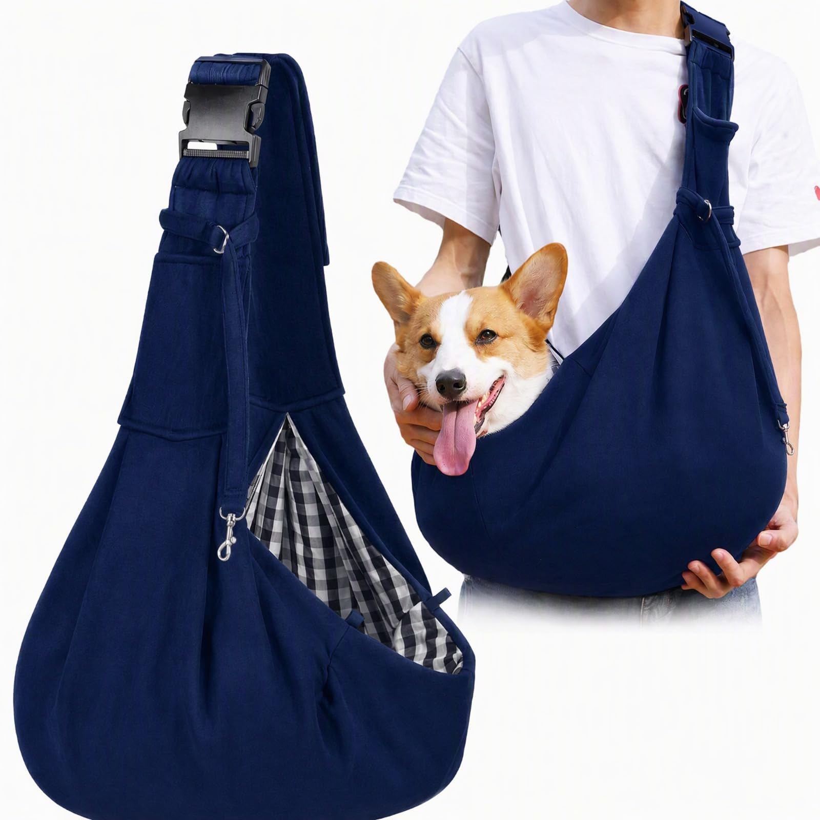 Dog Sling Carrier, Foldable Dog Shoulder Bag for Small Dogs/Cats up to 10 kg, Adjustable Crossbody Pet Tote Bag, Soft Cotton Fabric Hands-Free Dog Travel Bag for Walking, Cycling, Hiking (navy blue)