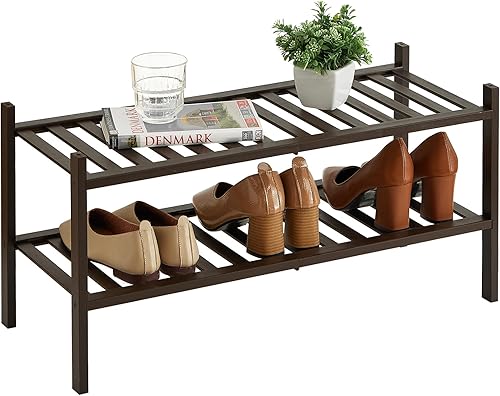 Miniatura 108 de Zapatero de bambú de 2 niveles para entrada, apilable, resistente, multifuncional, zapatero independiente para dormitorio, pasillo, armario Natural