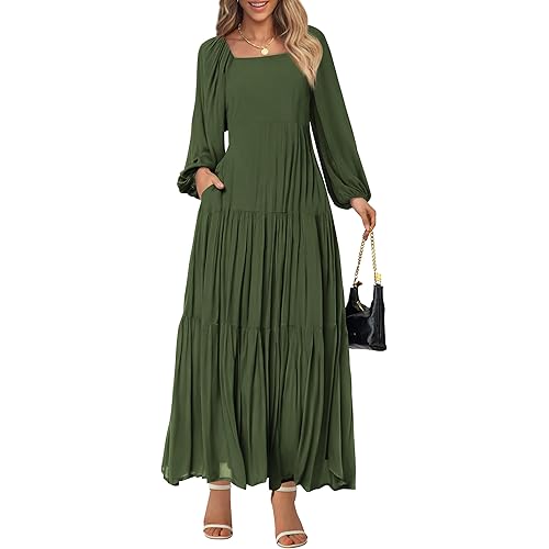 BTFBM Women Square Neck Puff Long Sleeve Dress Smocked Tiered Flowy Casual Fall Wedding Guest Maxi Dresses with Pockets