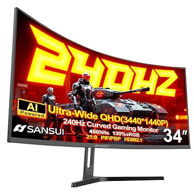 SANSUI 34 Inch 240Hz Curved Ultrawide UWQHD 3440x1440 Gaming Monitor, 21:9 2K Curved Monitor 1500R,Fast VA, PIP/PBP,AI Crosshair,AIPQ(Visual Enhance),MPRT 1ms,HDR,HDMI2.1 * 2,DP1.4 * 2(DP Cable Incl.)