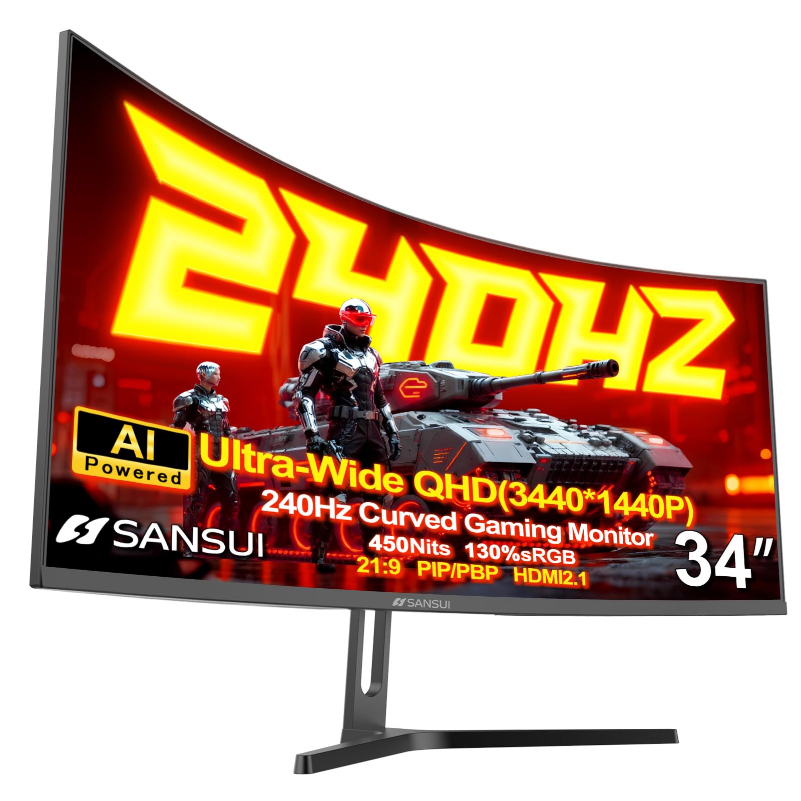 SANSUI 34 Inch 240Hz Ultrawide Curved Gaming Monitor UWQHD 3440×1440, 21:9 2K Curved Monitor 1500R,HDR400,Fast VA, PIP/PBP,AI Crosshair,AIPQ(Visual Enhance),MPRT 1ms,HDMI2.1*2,DP1.4*2(DP Cable Incl.)
