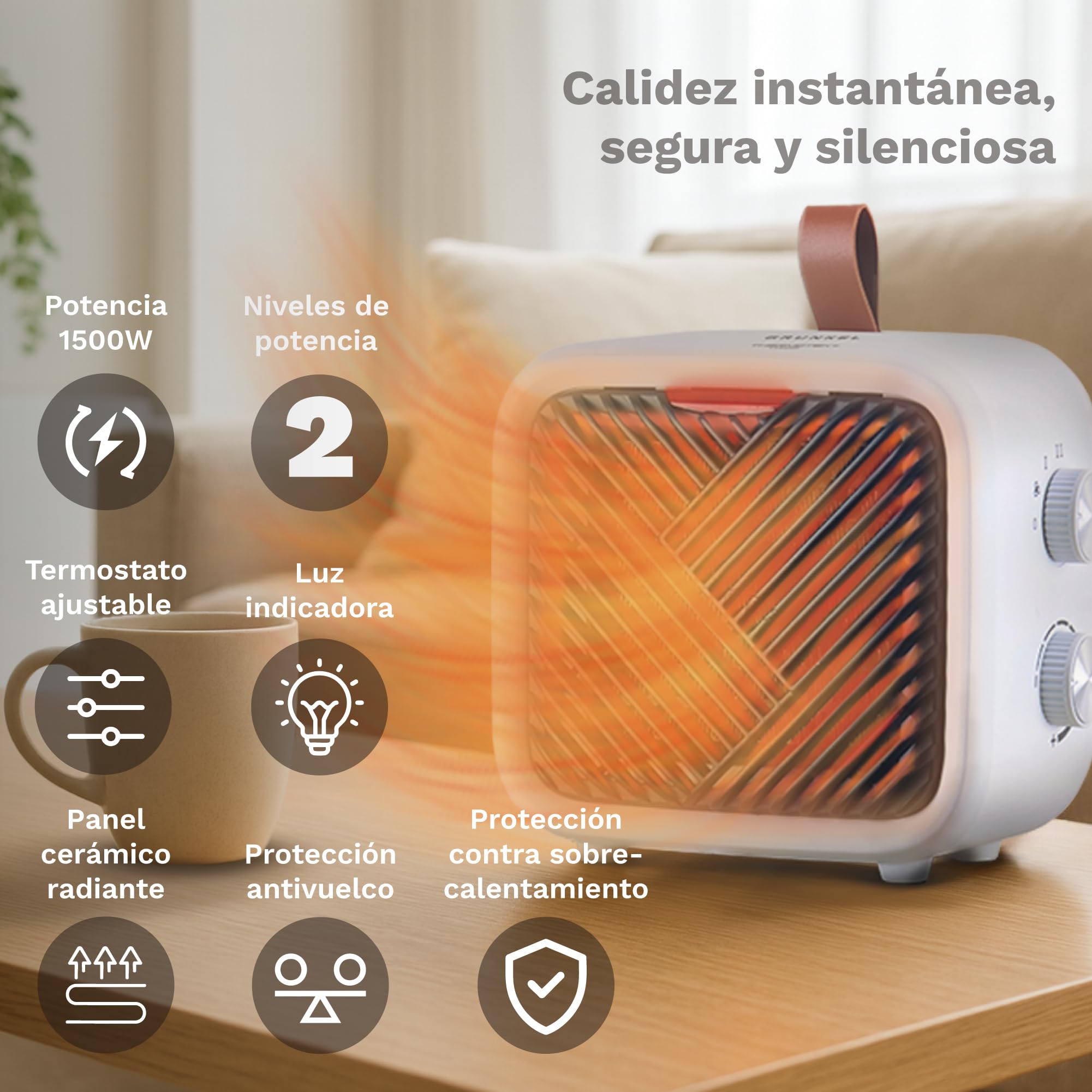 GRUNKEL Radiateur soufflant en céramique CF-1500 cm, 1500 W, 2 niveaux, thermostat réglable, protection anti-basculement et anti-surchauffe, panneau en céramique, ventilateur indépendant, portable