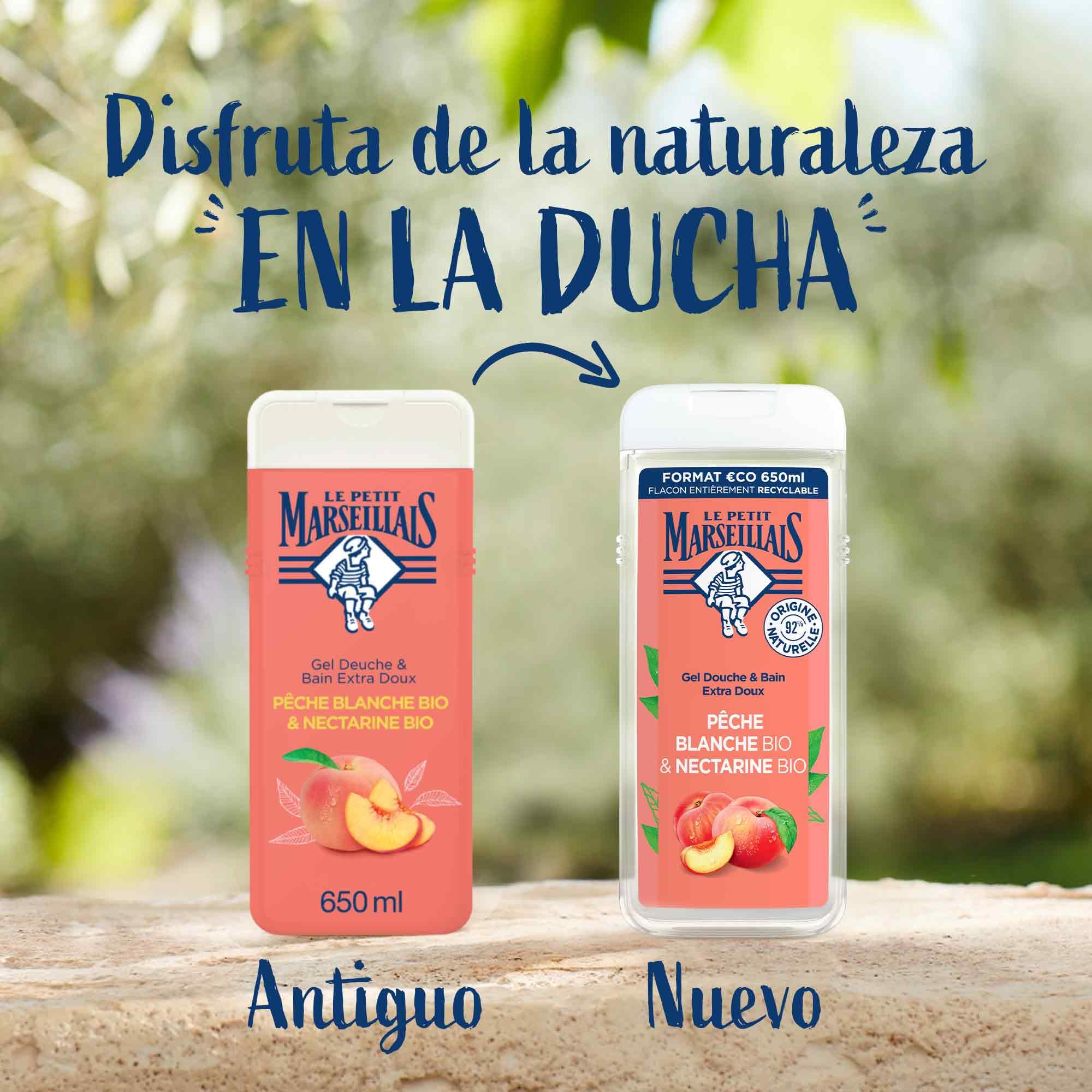 Le Petit Marseillais Gel de Ducha Corporal Extra Suave, Melocotón Blanco y Nectarina BIO, Hidrata y Refresca, para Piel Sensible, con Ingredientes Naturales y Envase Reciclable y Recargable, 650ml