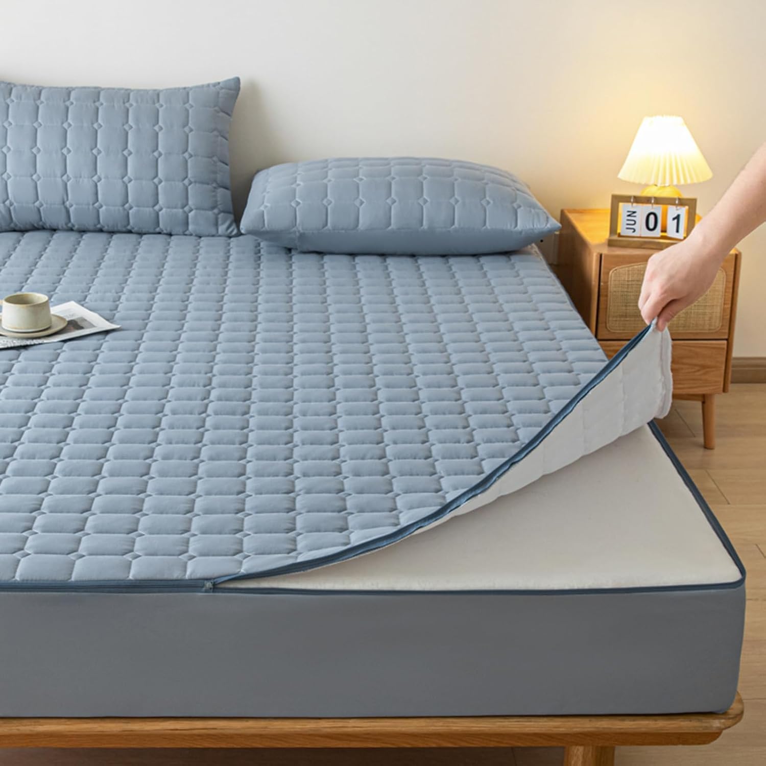 als Matratzenschutzbezug geeignet ，Weiche Matratzenauflage Abdeckung，Verdickt Waschbar Matratzenschutzbezug， Nässeschutz Matratzenbezug-Blue- 90x200+5cm