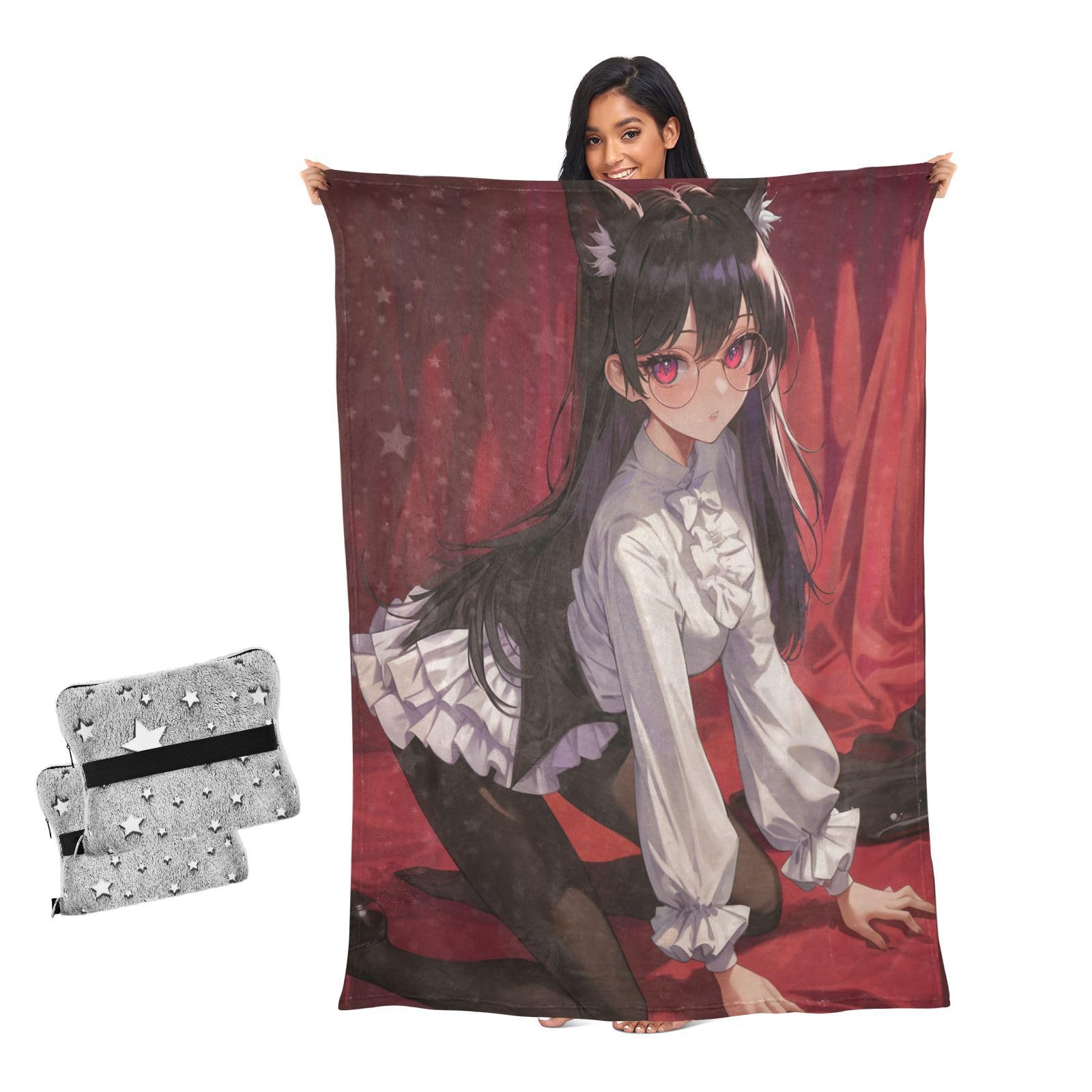Couverture Neko Girl Anime Rouge grand jeté de lit doux et chaud