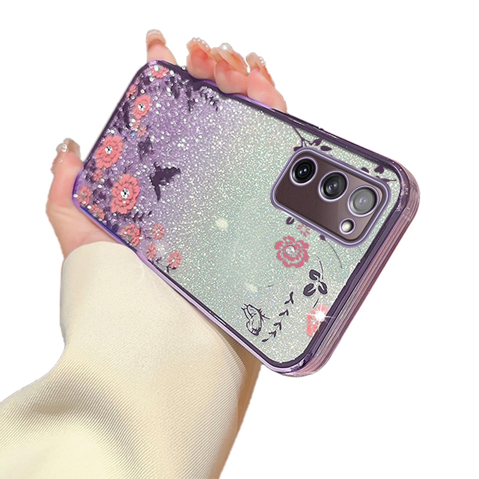 for Samsung Galaxy S20 FE Case,S20 FE Case for Women Gradual Change Glitter Crystal Soft TPU Stylish Butterfly Floral Heart Clear Protective Cover with Strap for Samsung S20 FE (Purple)